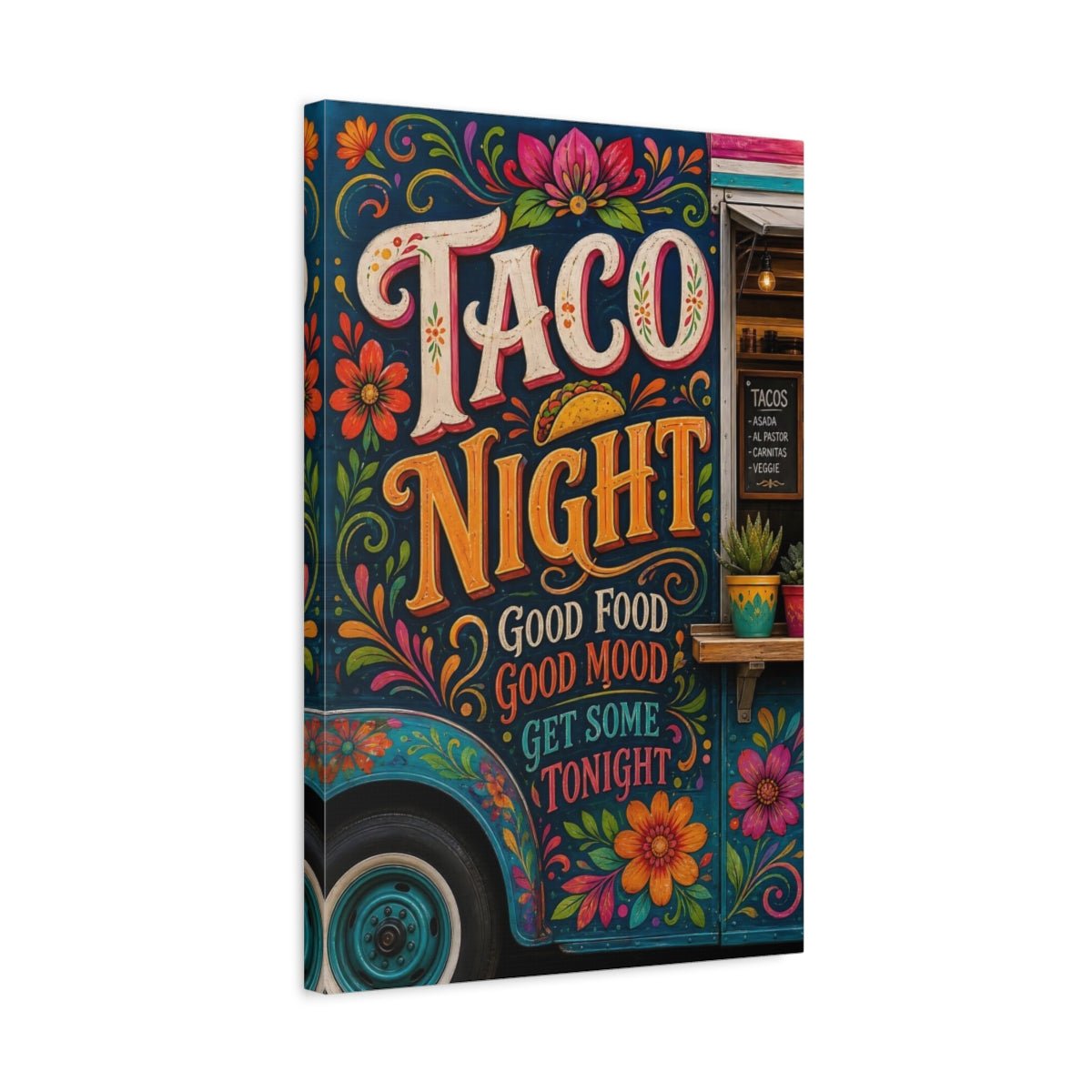 Funny Taco Night Colorful Canvas Print – Folk Art Kitchen, Dining Area Wall - YesArtYes
