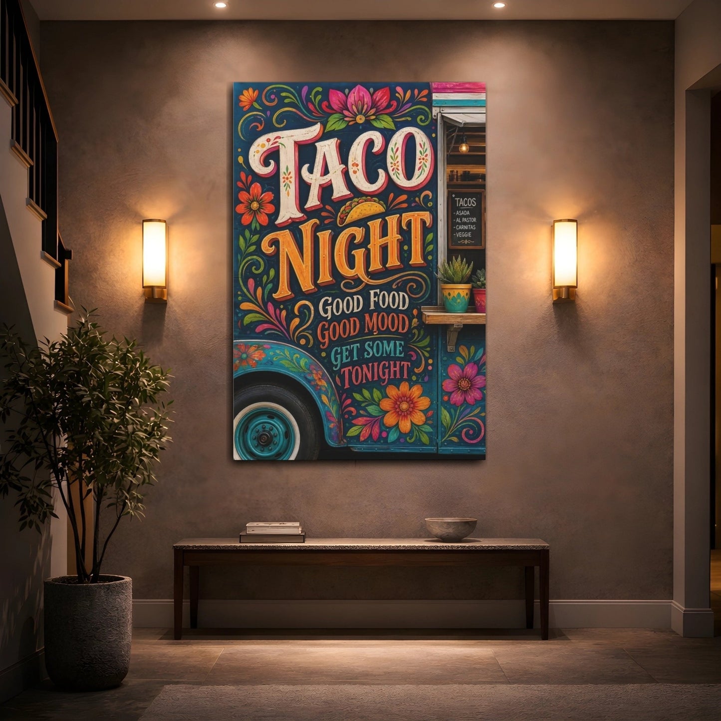 Funny Taco Night Colorful Canvas Print – Folk Art Kitchen, Dining Area Wall - YesArtYes