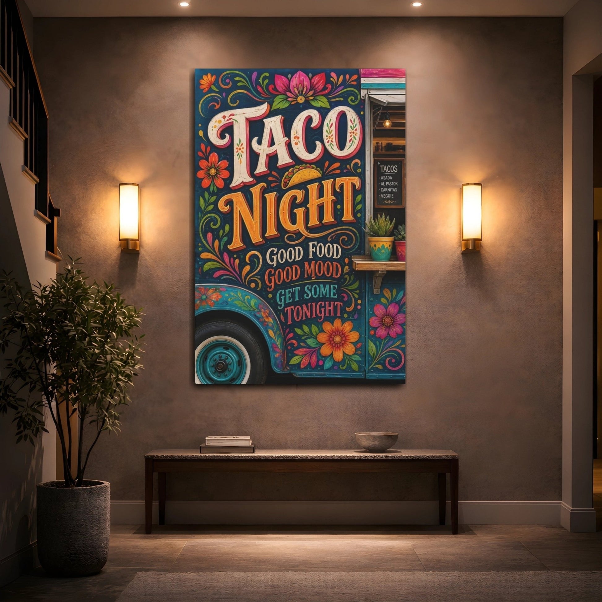 Funny Taco Night Colorful Canvas Print – Folk Art Kitchen, Dining Area Wall - YesArtYes