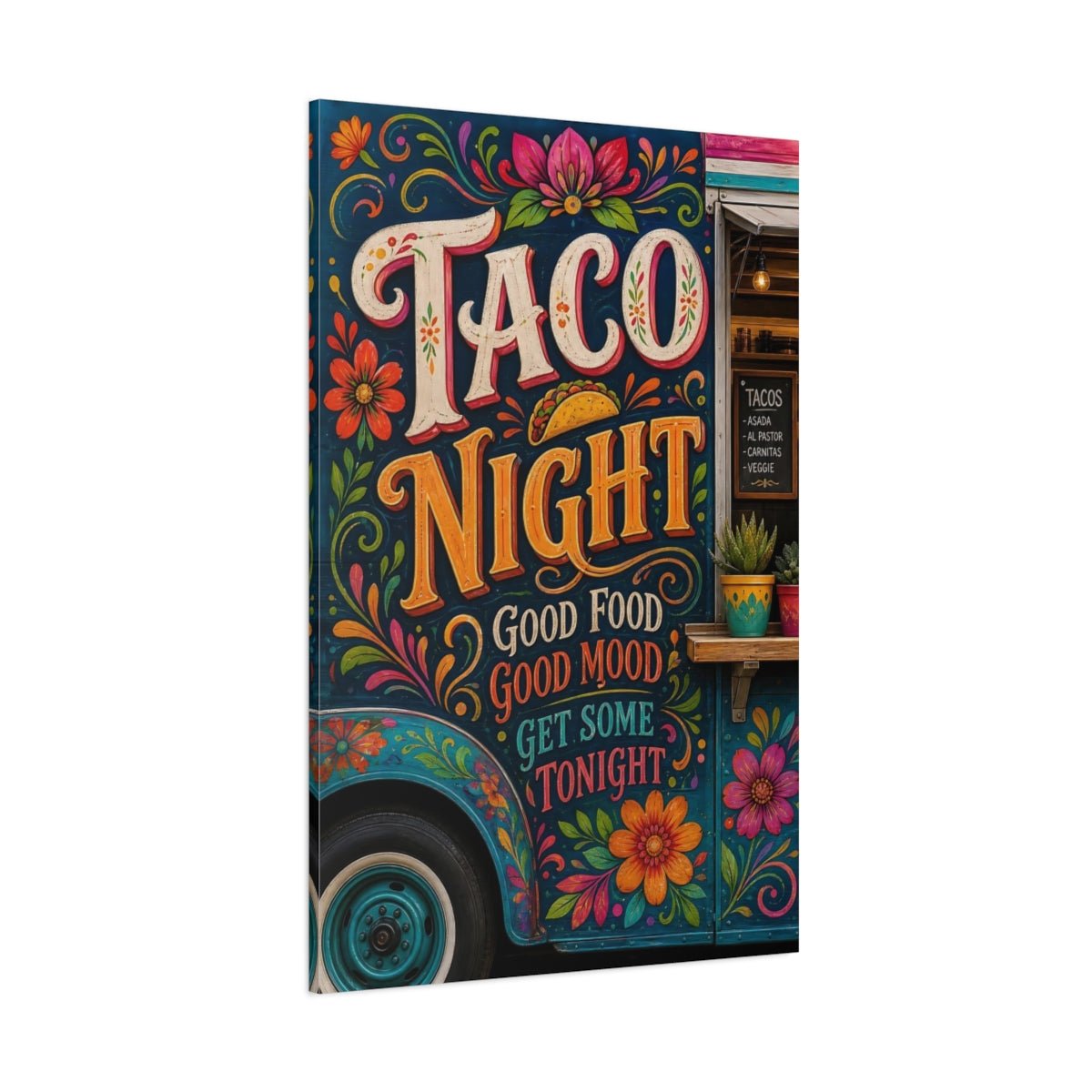 Funny Taco Night Colorful Canvas Print – Folk Art Kitchen, Dining Area Wall - YesArtYes