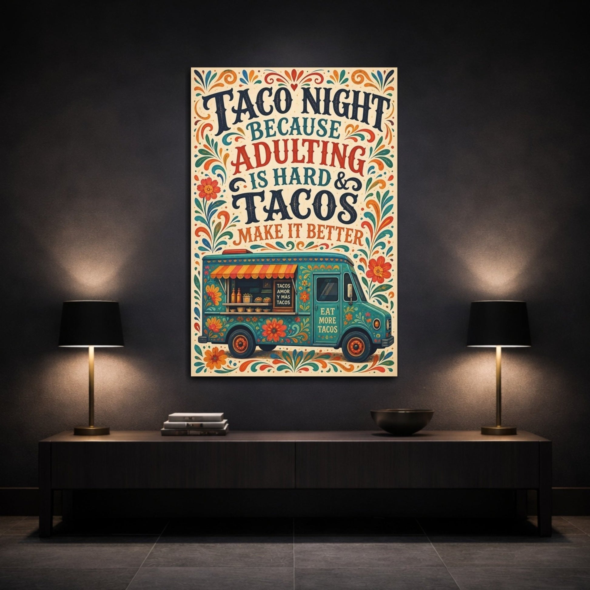 Funny Taco Truck Teal And Orange Canvas Print – Folk art Decor for Kitchen, Breakfast Nook - YesArtYes