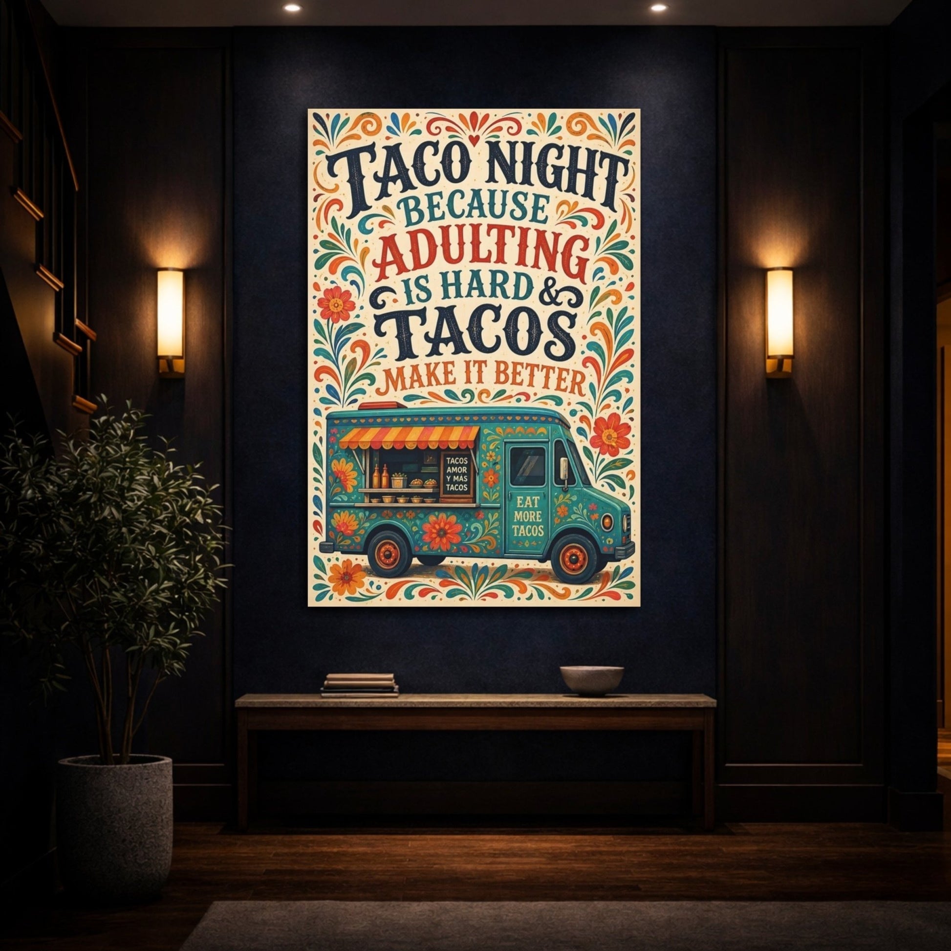 Funny Taco Truck Teal And Orange Canvas Print – Folk art Decor for Kitchen, Breakfast Nook - YesArtYes