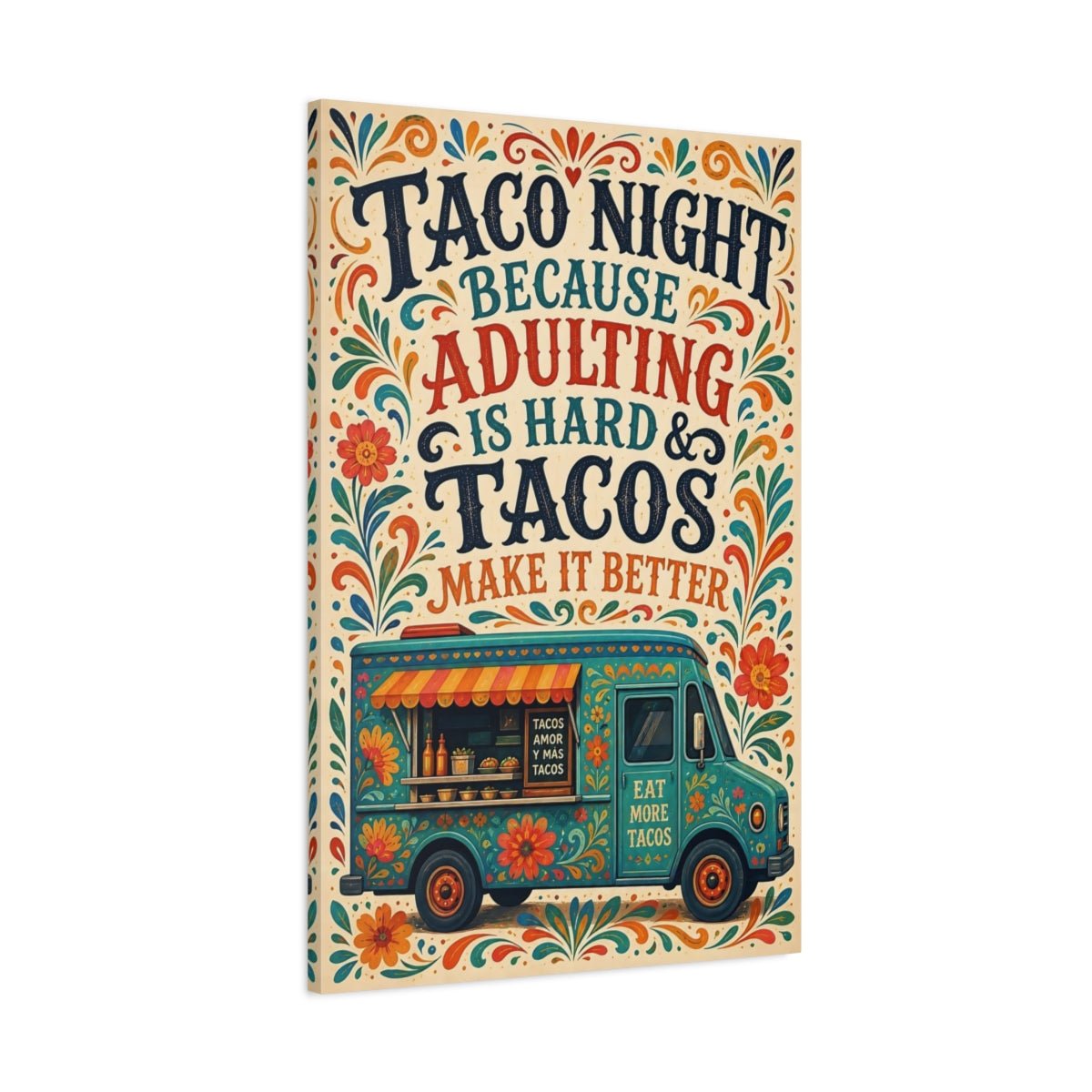 Funny Taco Truck Teal And Orange Canvas Print – Folk art Decor for Kitchen, Breakfast Nook - YesArtYes
