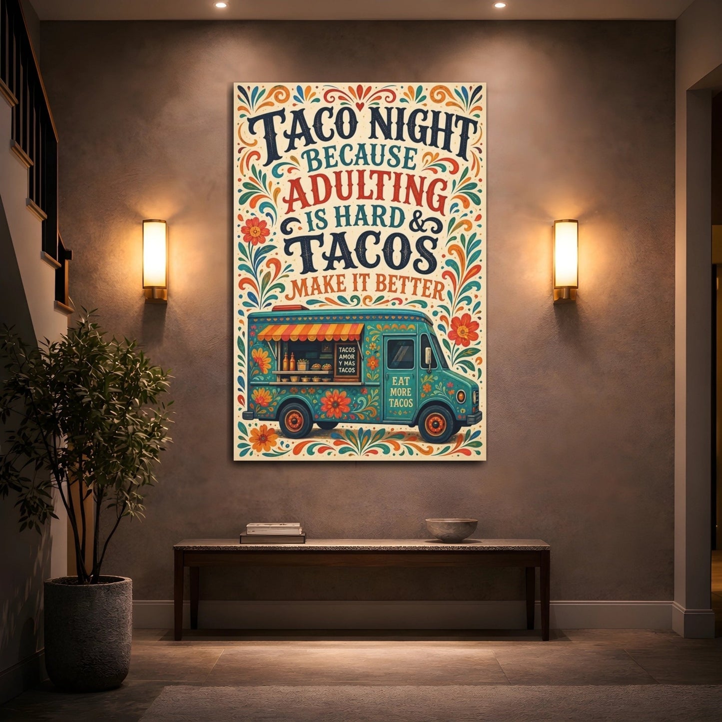 Funny Taco Truck Teal And Orange Canvas Print – Folk art Decor for Kitchen, Breakfast Nook - YesArtYes