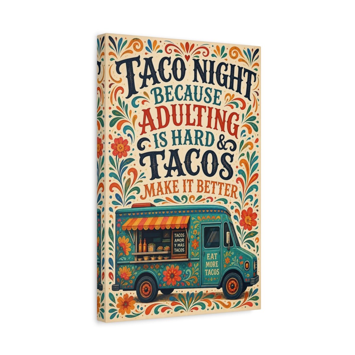 Funny Taco Truck Teal And Orange Canvas Print – Folk art Decor for Kitchen, Breakfast Nook - YesArtYes