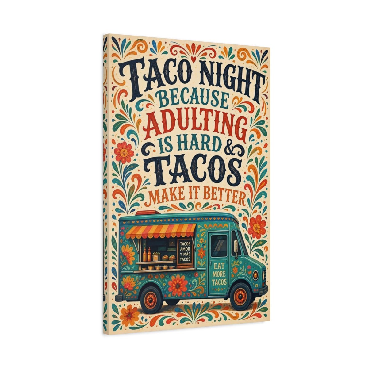 Funny Taco Truck Teal And Orange Canvas Print – Folk art Decor for Kitchen, Breakfast Nook - YesArtYes