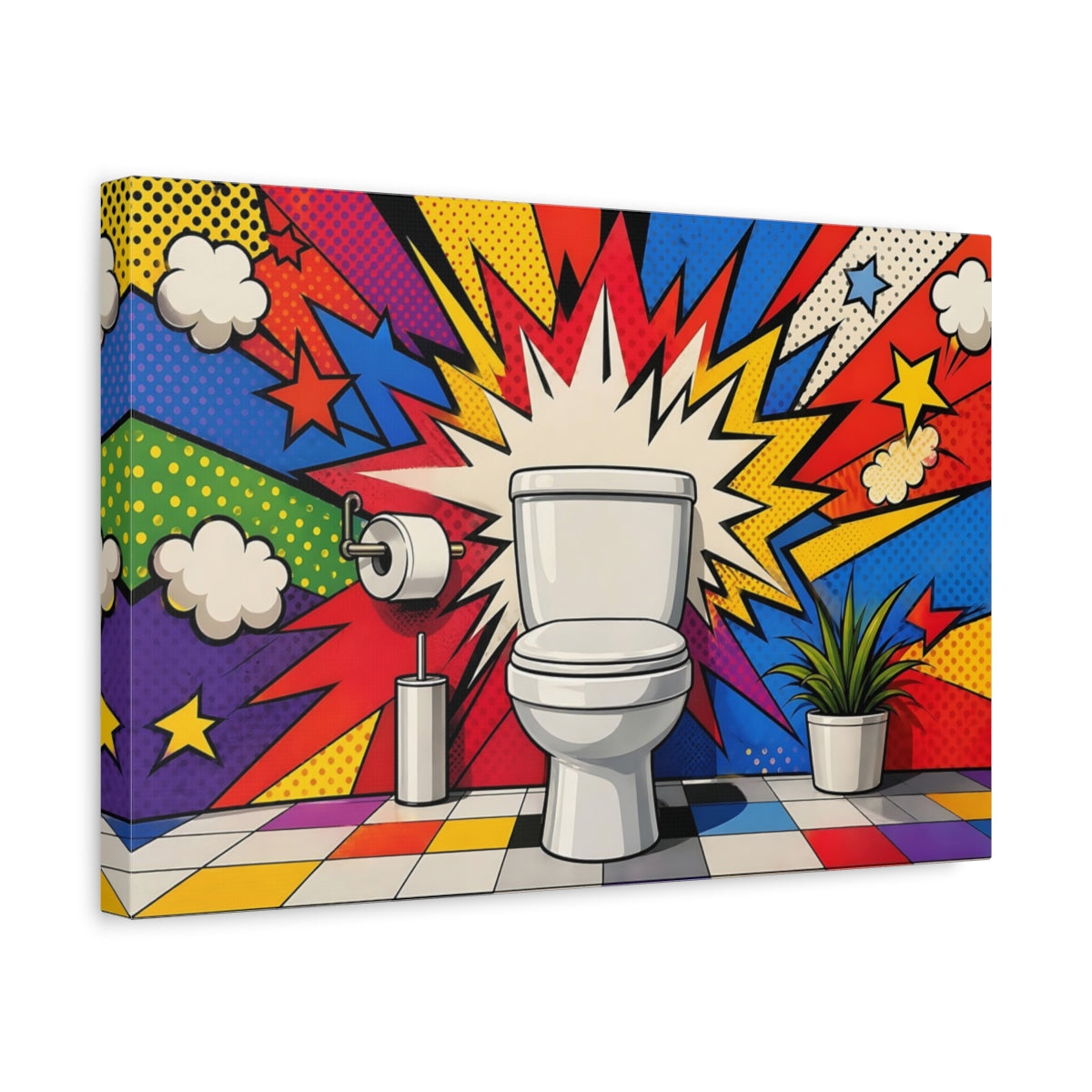 Side Mockup 4. Funny Toilet Colorful Pop Art shown as stretched canvas wall art