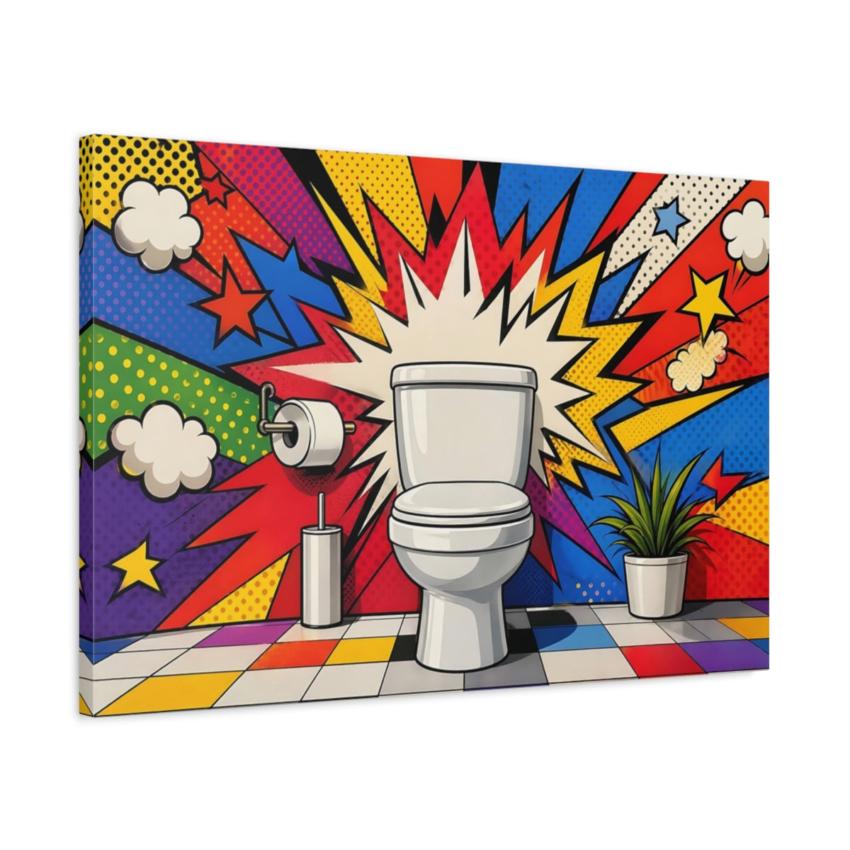Side Mockup 2. Funny Toilet Colorful Pop Art shown as stretched canvas wall art
