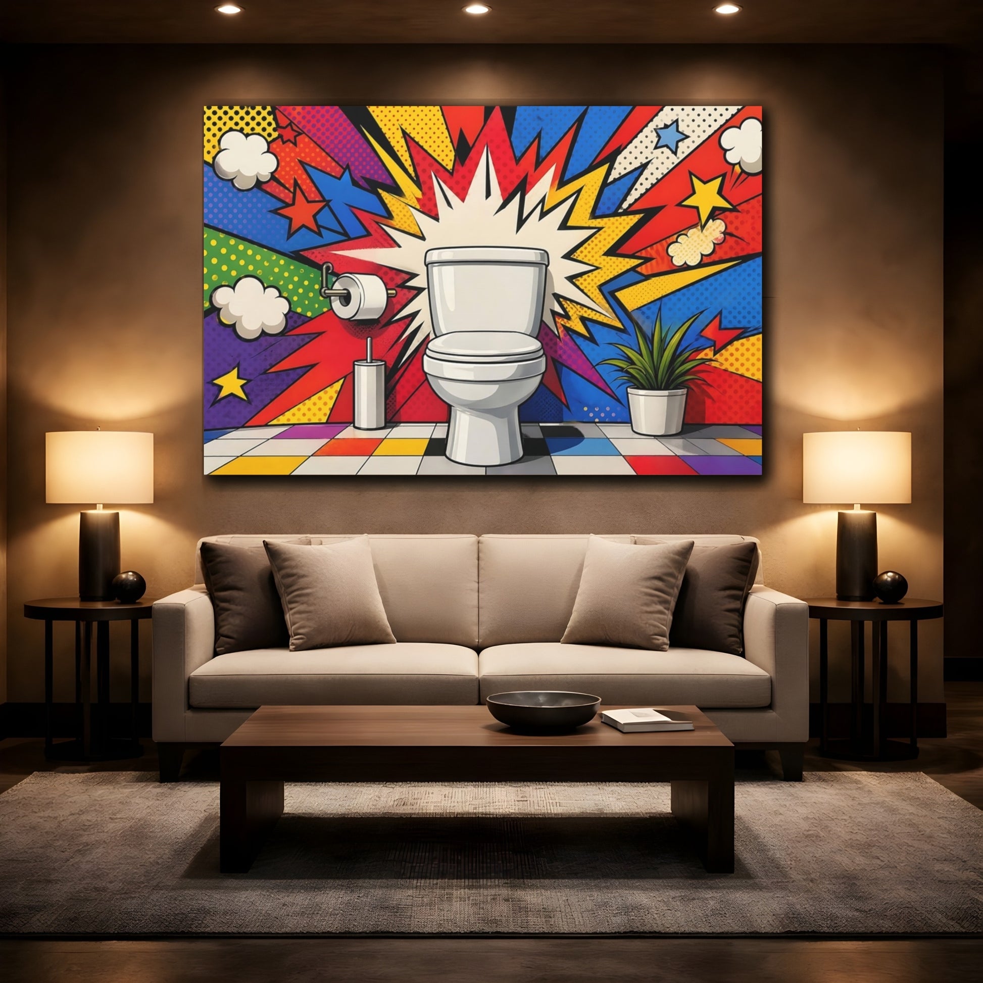 Mockup 2. Funny Toilet Colorful Pop Art shown as stretched canvas wall art