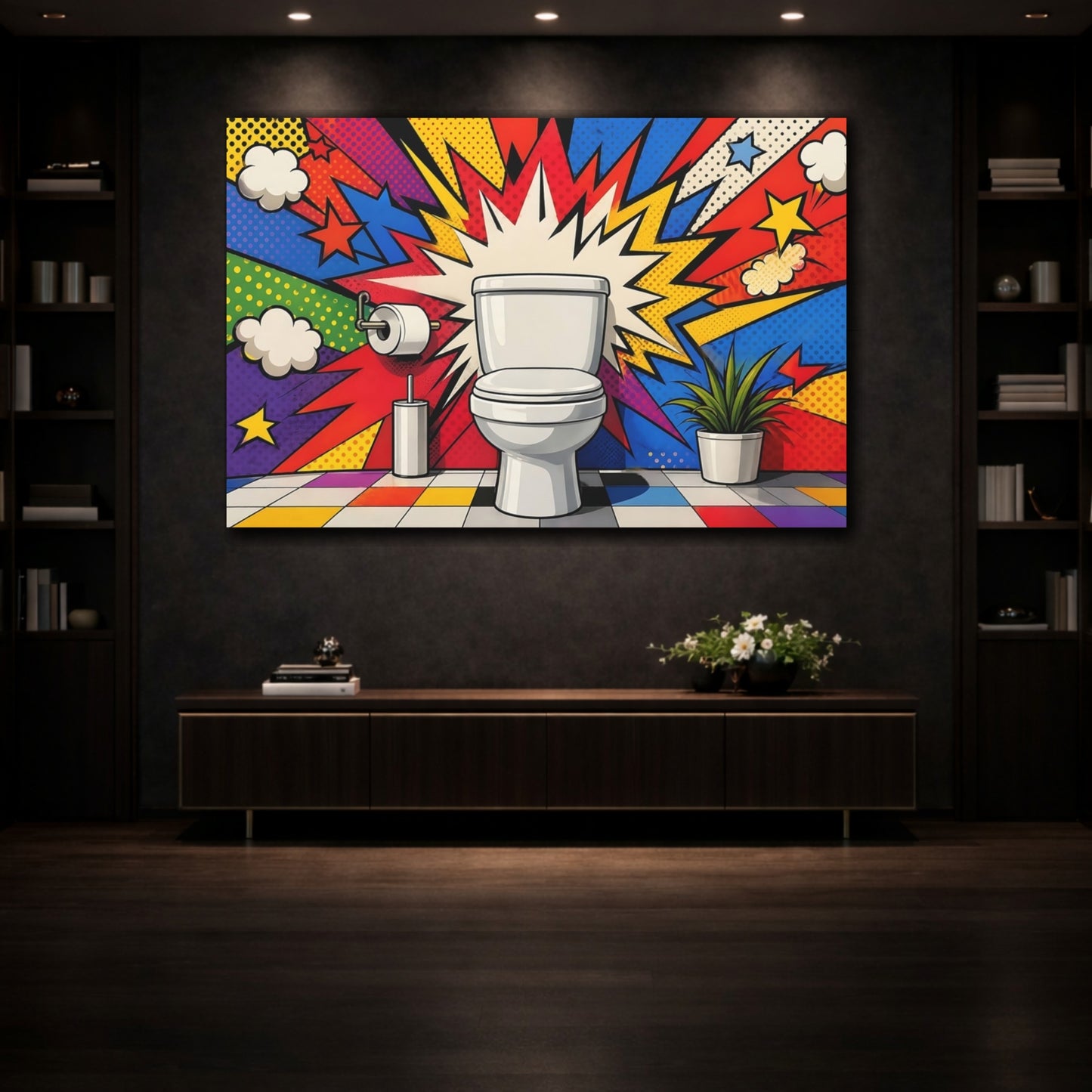 Mockup 3. Funny Toilet Colorful Pop Art shown as stretched canvas wall art