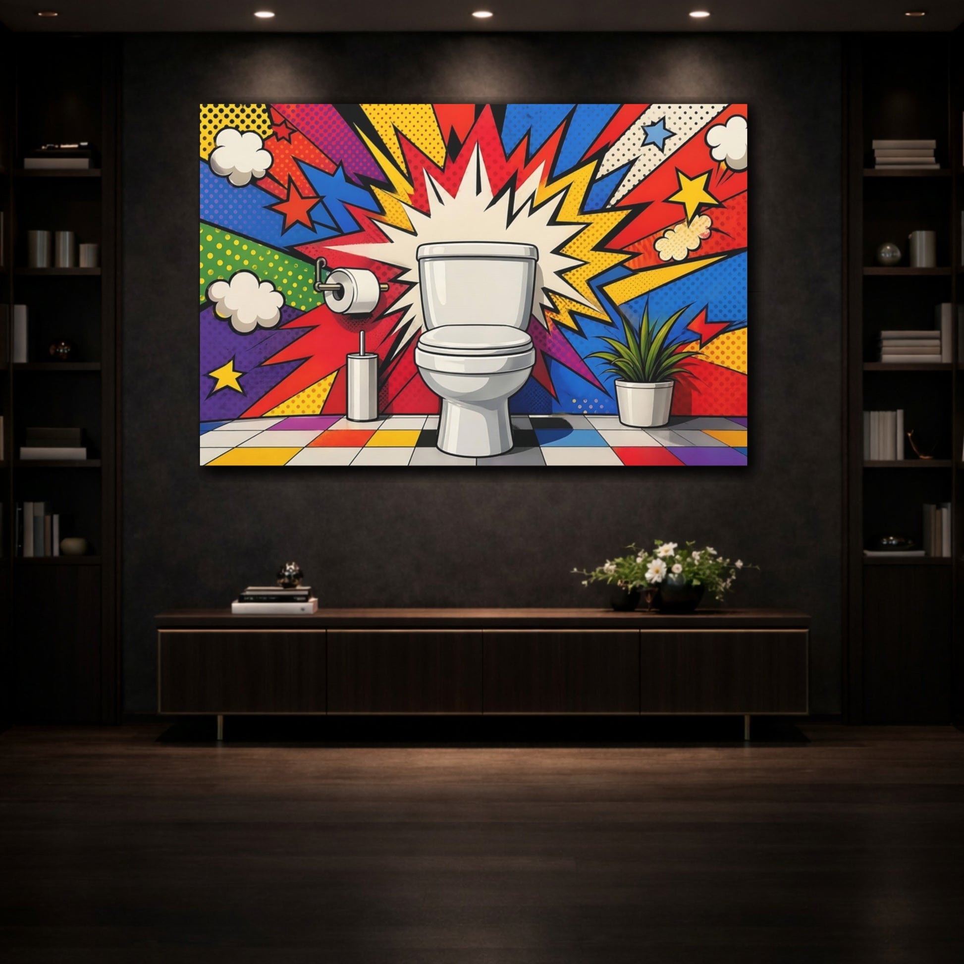 Mockup 3. Funny Toilet Colorful Pop Art shown as stretched canvas wall art