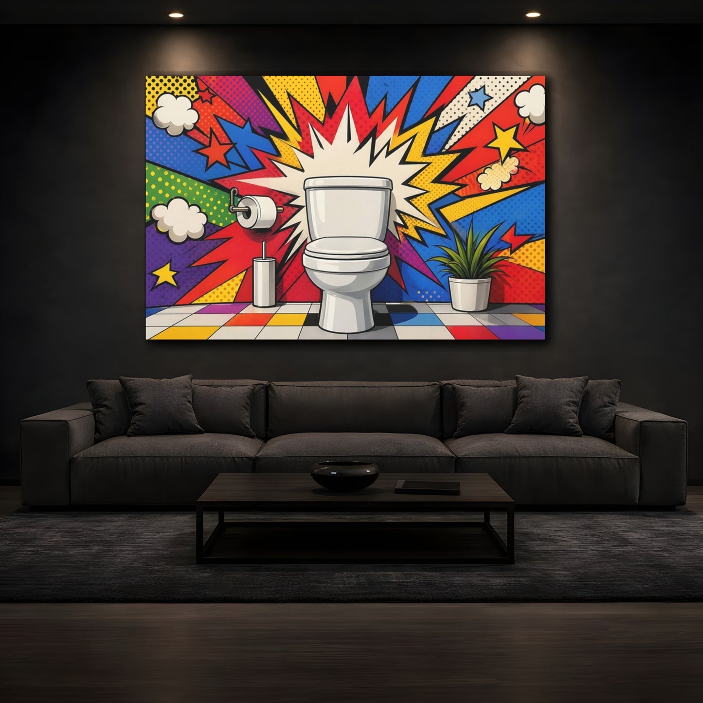 Mockup 4. Funny Toilet Colorful Pop Art shown as stretched canvas wall art