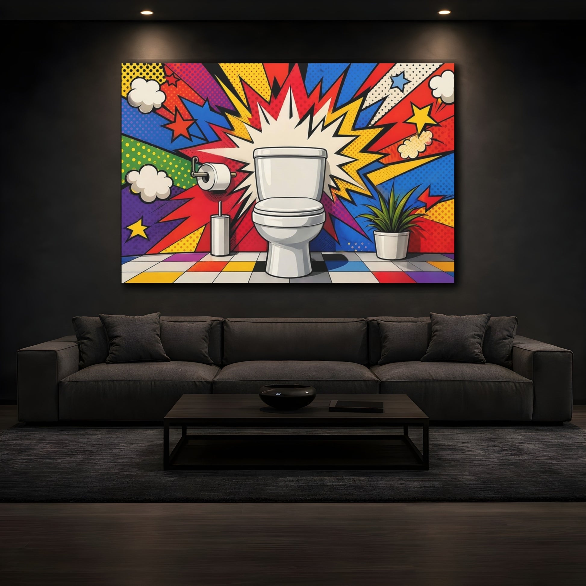 Mockup 4. Funny Toilet Colorful Pop Art shown as stretched canvas wall art
