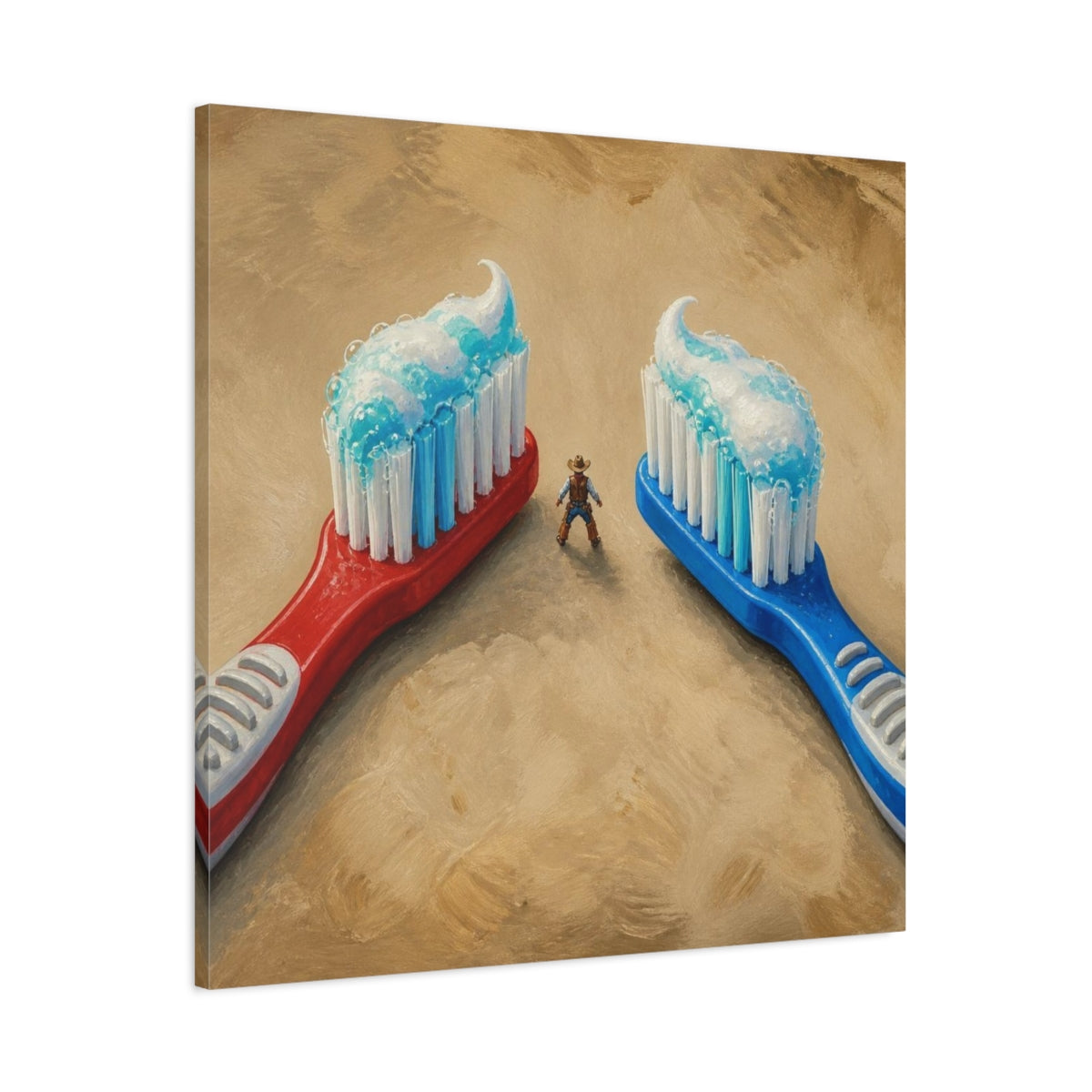 Main Mockup. Funny Toothbrush Duel shown as canvas print