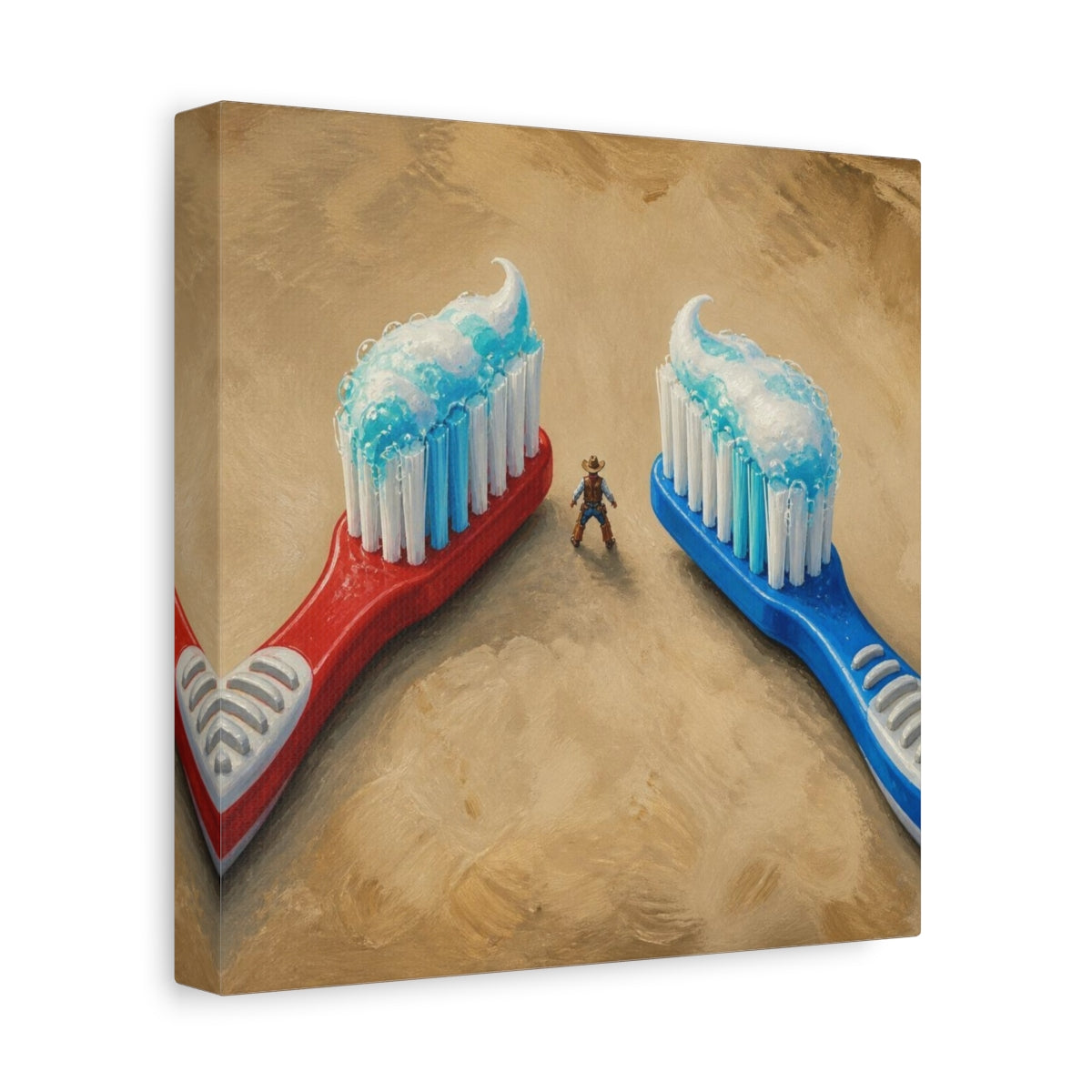 Side Mockup 9. Funny Toothbrush Duel shown as canvas print