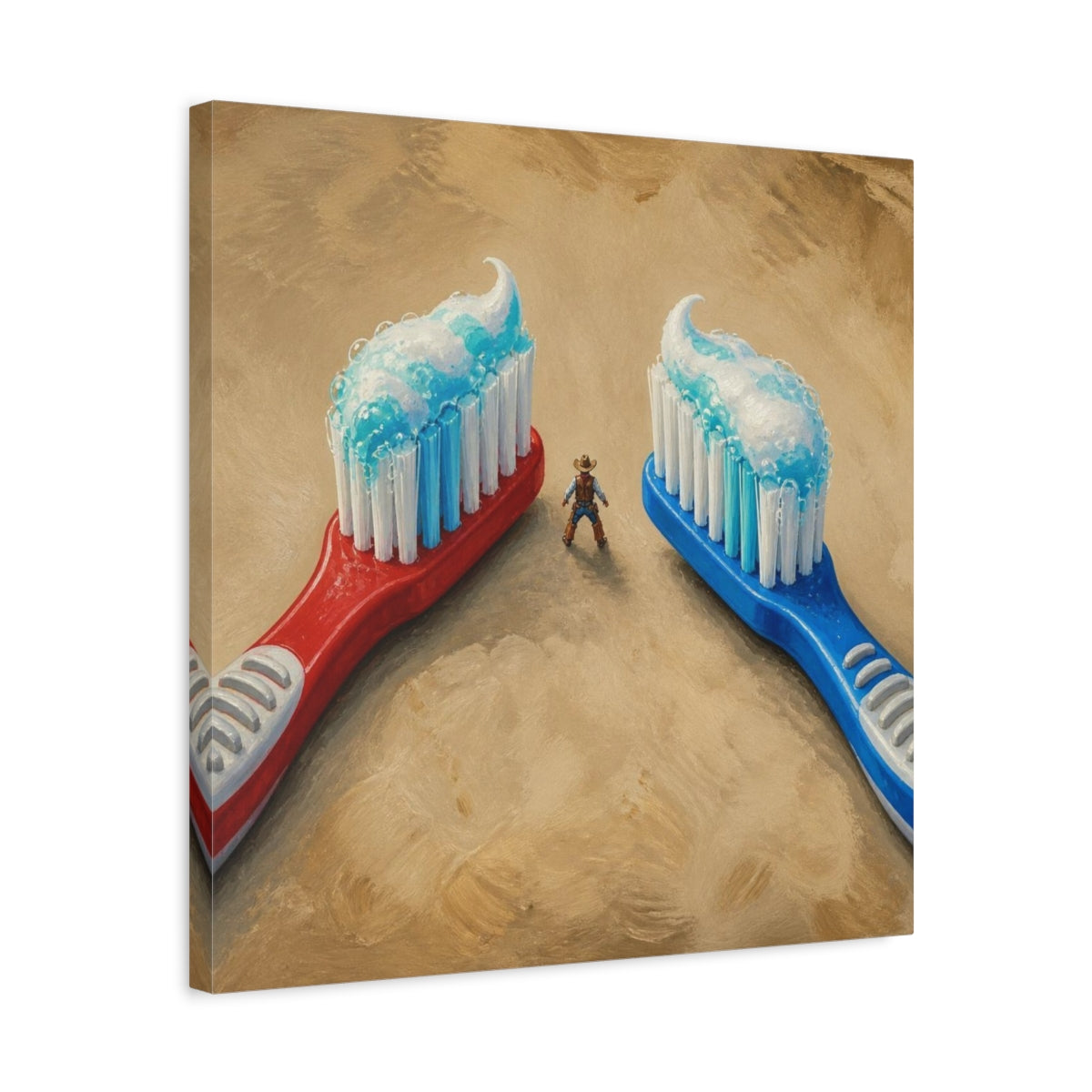 Side Mockup 5. Funny Toothbrush Duel shown as canvas print
