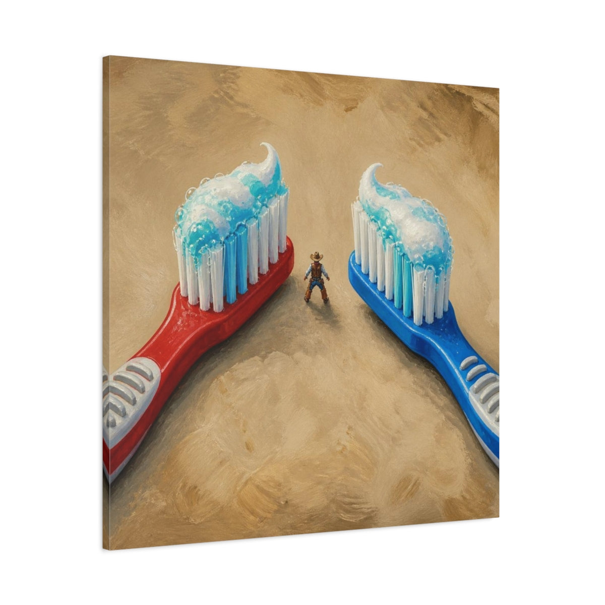 Side Mockup 1. Funny Toothbrush Duel shown as canvas print
