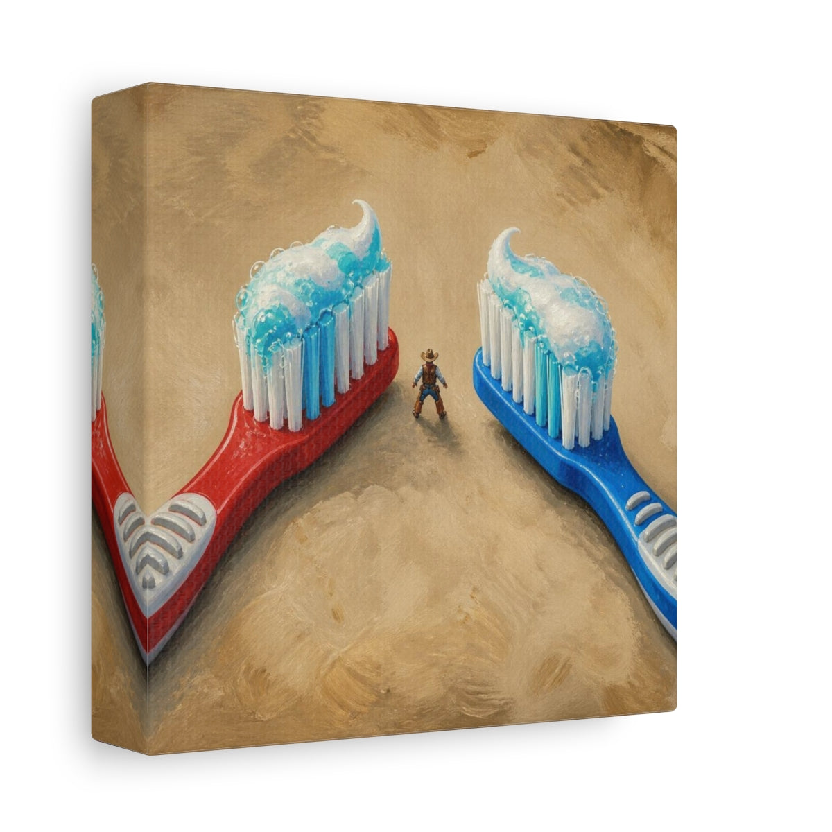 Side Mockup 2. Funny Toothbrush Duel shown as canvas print