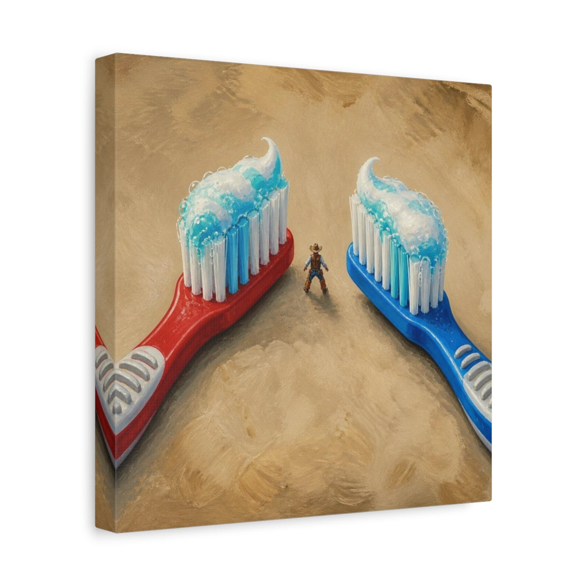 Side Mockup 8. Funny Toothbrush Duel shown as canvas print