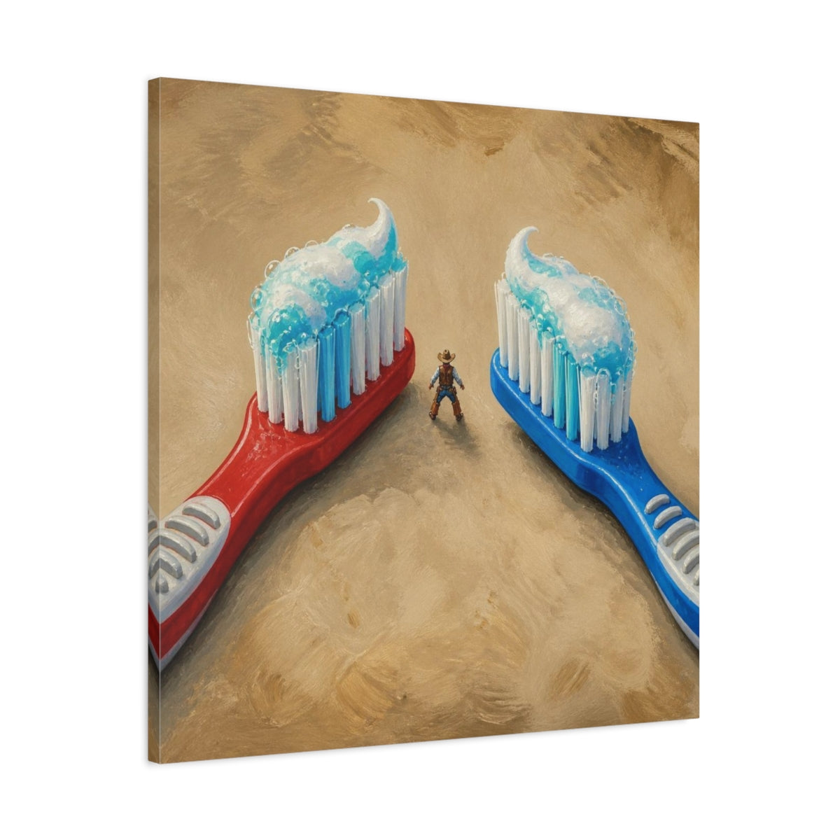 Side Mockup 3. Funny Toothbrush Duel shown as canvas print