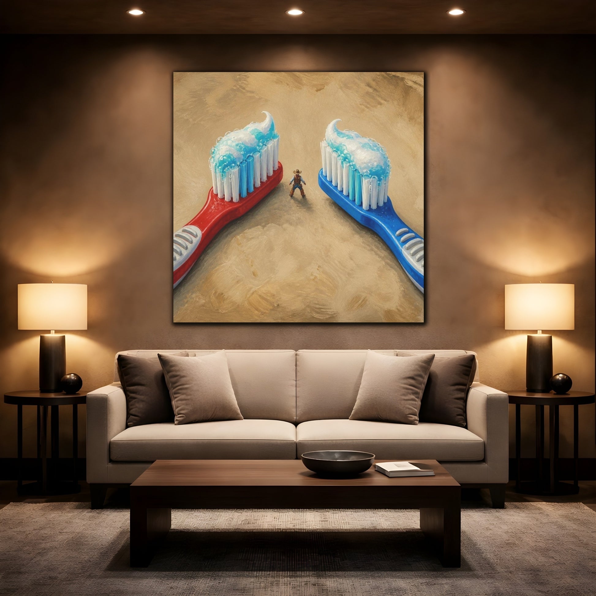 Mockup 2. Funny Toothbrush Duel shown as canvas print