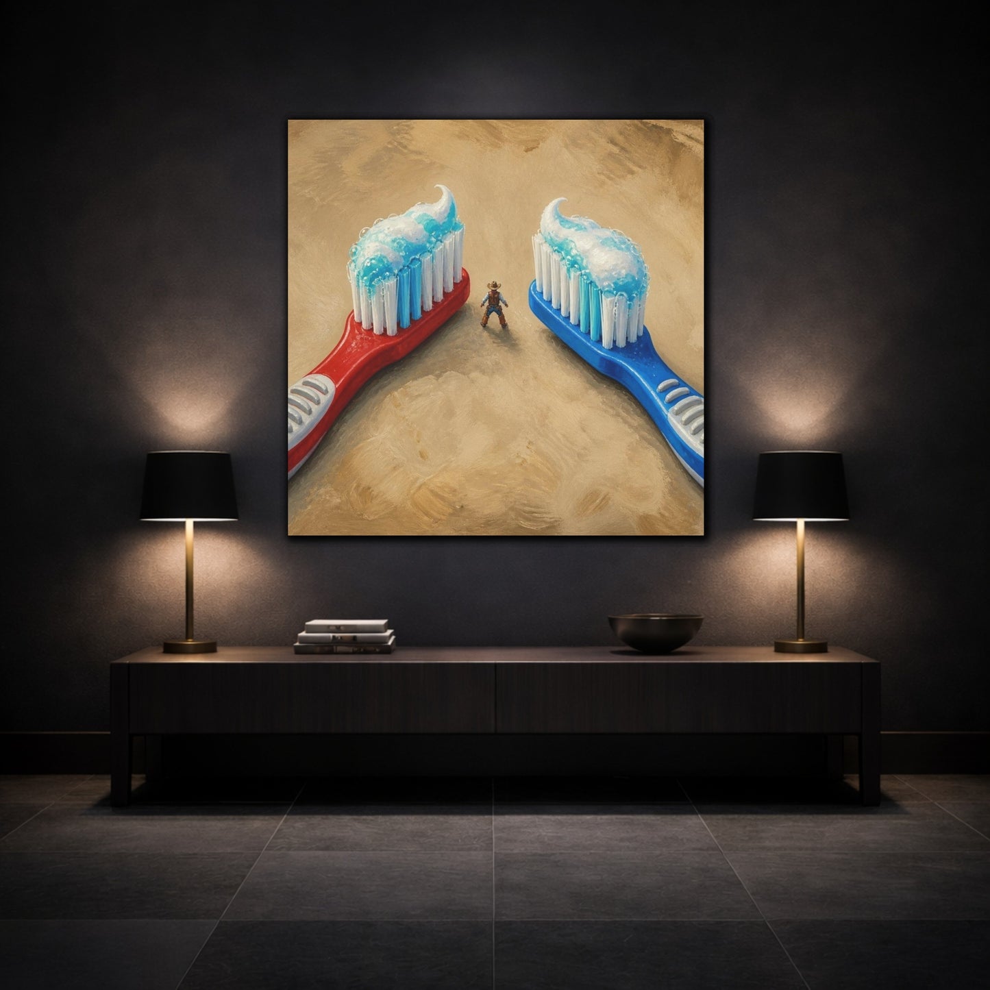 Mockup 3. Funny Toothbrush Duel shown as canvas print