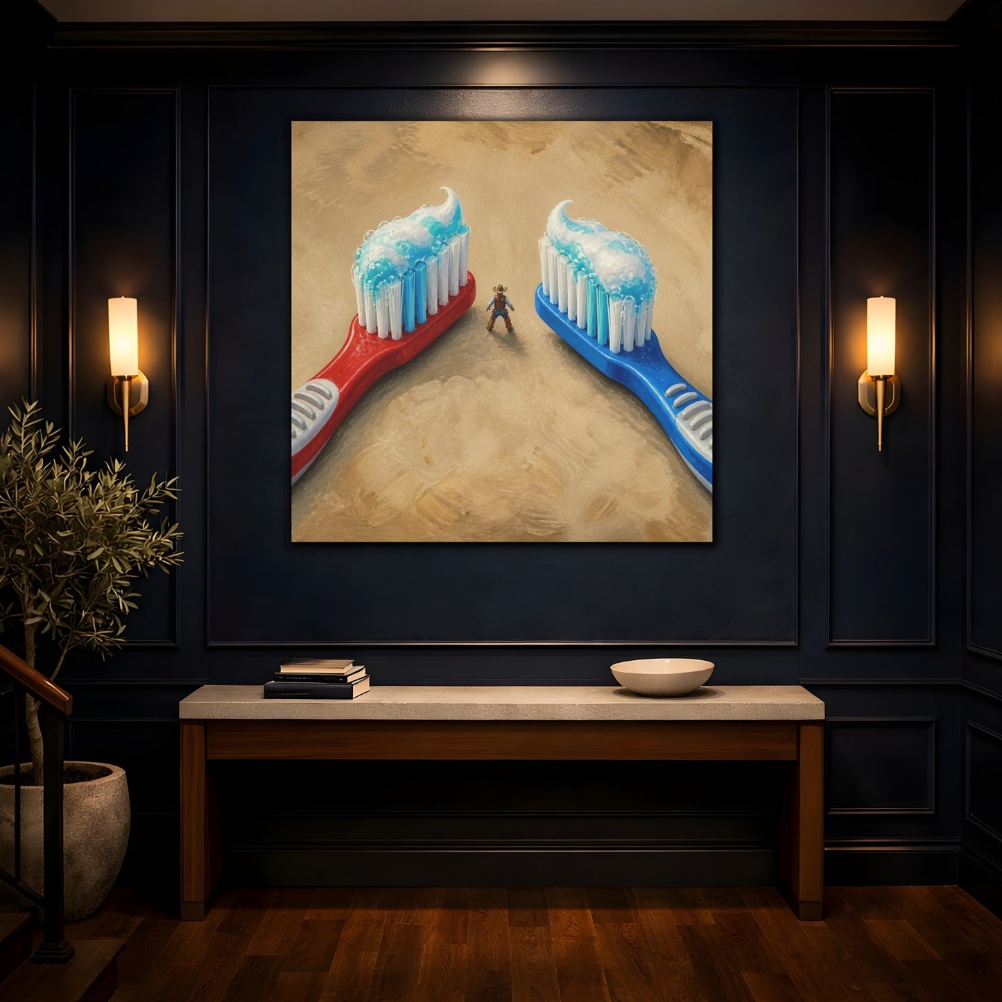 Mockup 4. Funny Toothbrush Duel shown as canvas print