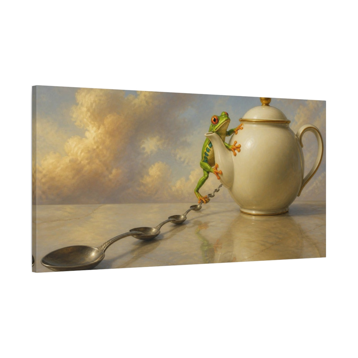 Main Mockup. Funny Tree Frog Teapot shown as canvas print