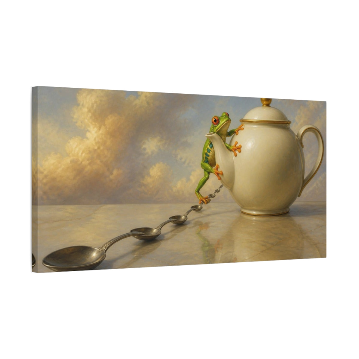 Side Mockup 1. Funny Tree Frog Teapot shown as canvas print