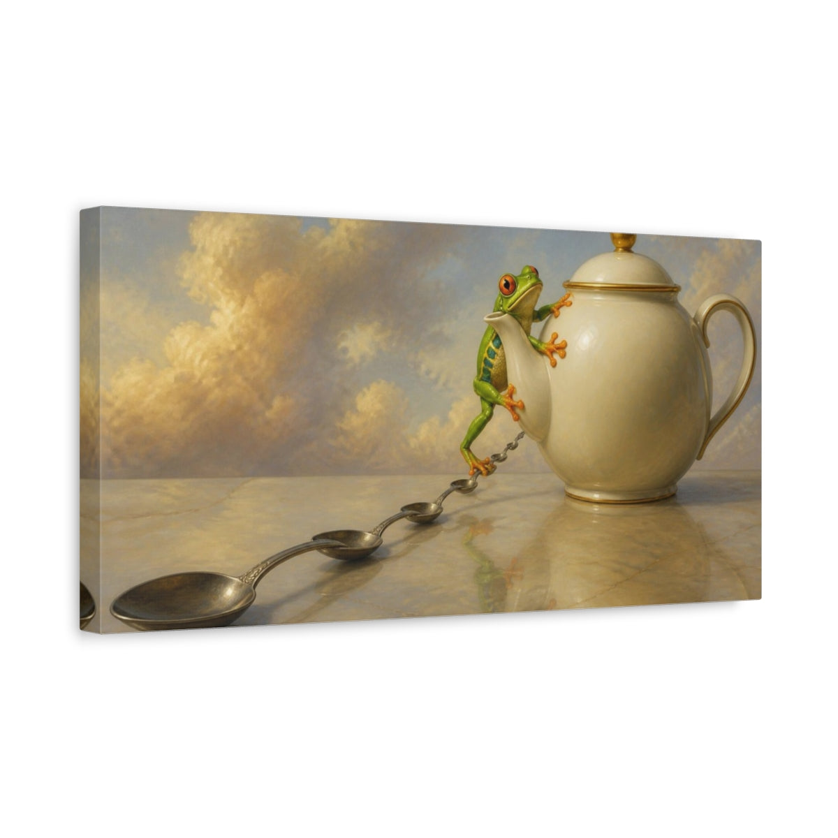 Side Mockup 3. Funny Tree Frog Teapot shown as canvas print