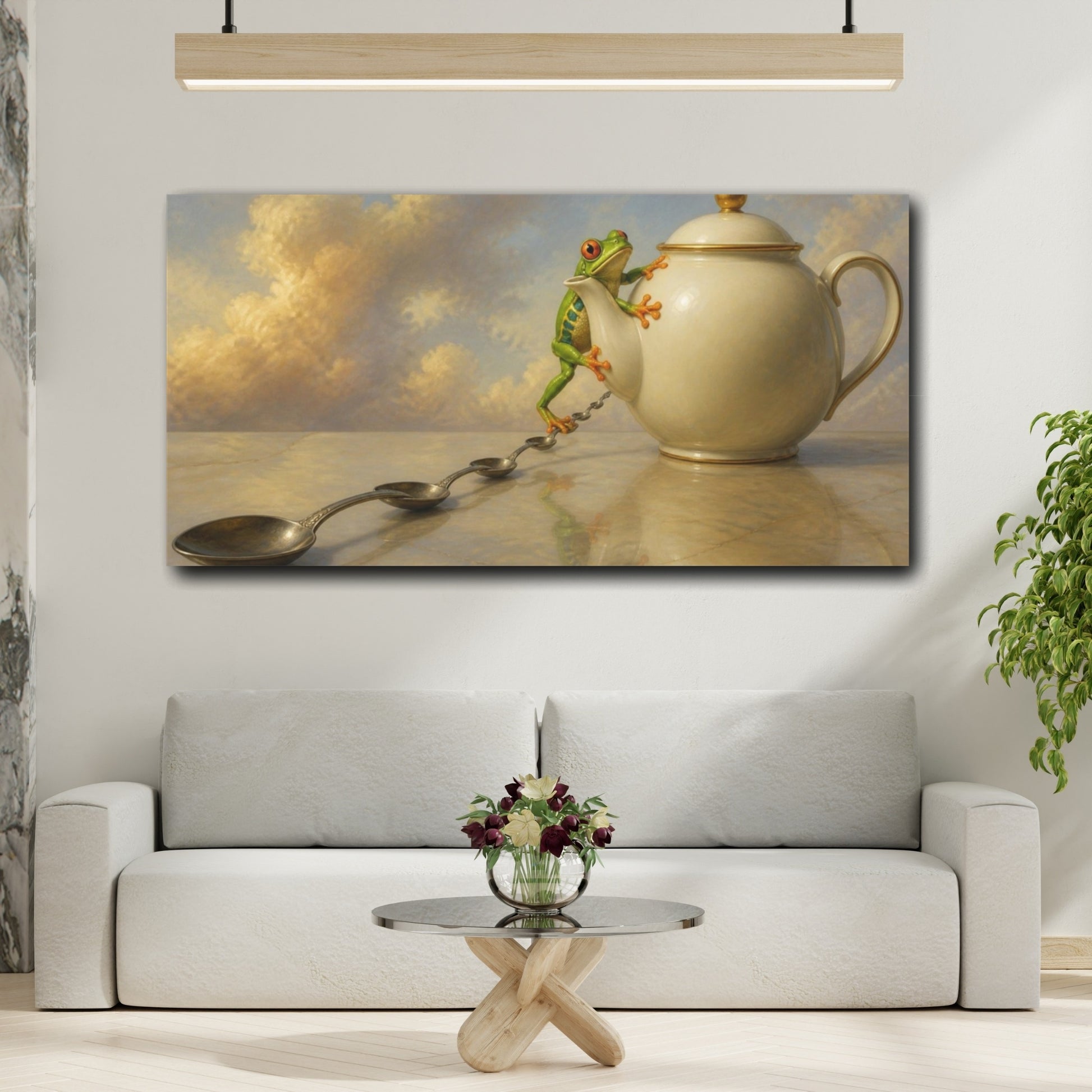 Mockup 2. Funny Tree Frog Teapot shown as canvas print