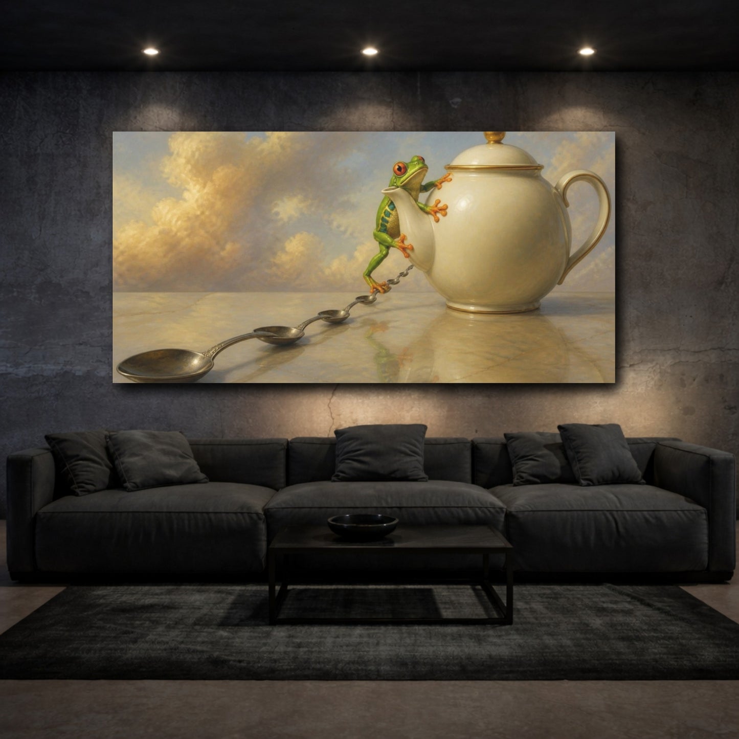 Mockup 3. Funny Tree Frog Teapot shown as canvas print