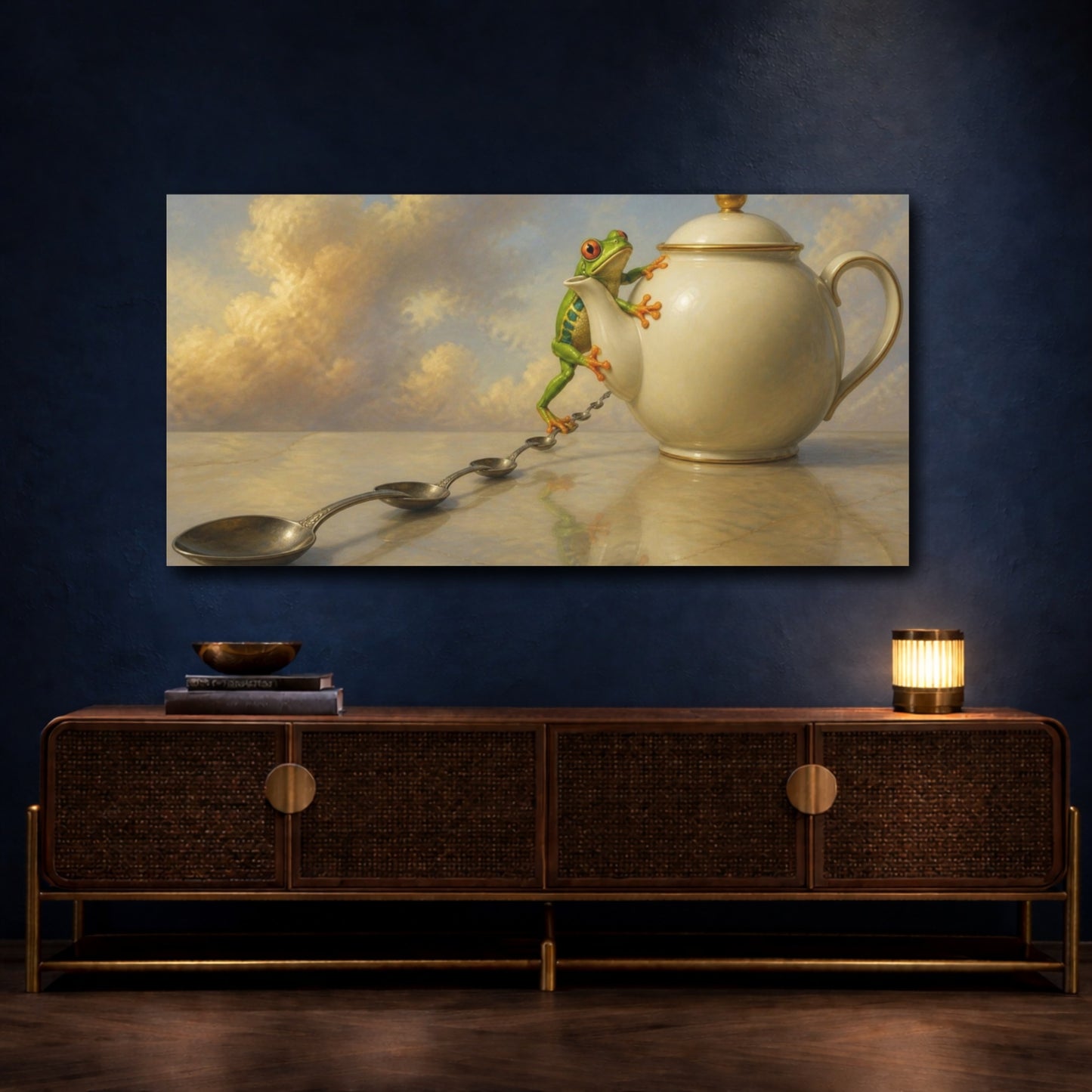 Mockup 4. Funny Tree Frog Teapot shown as canvas print