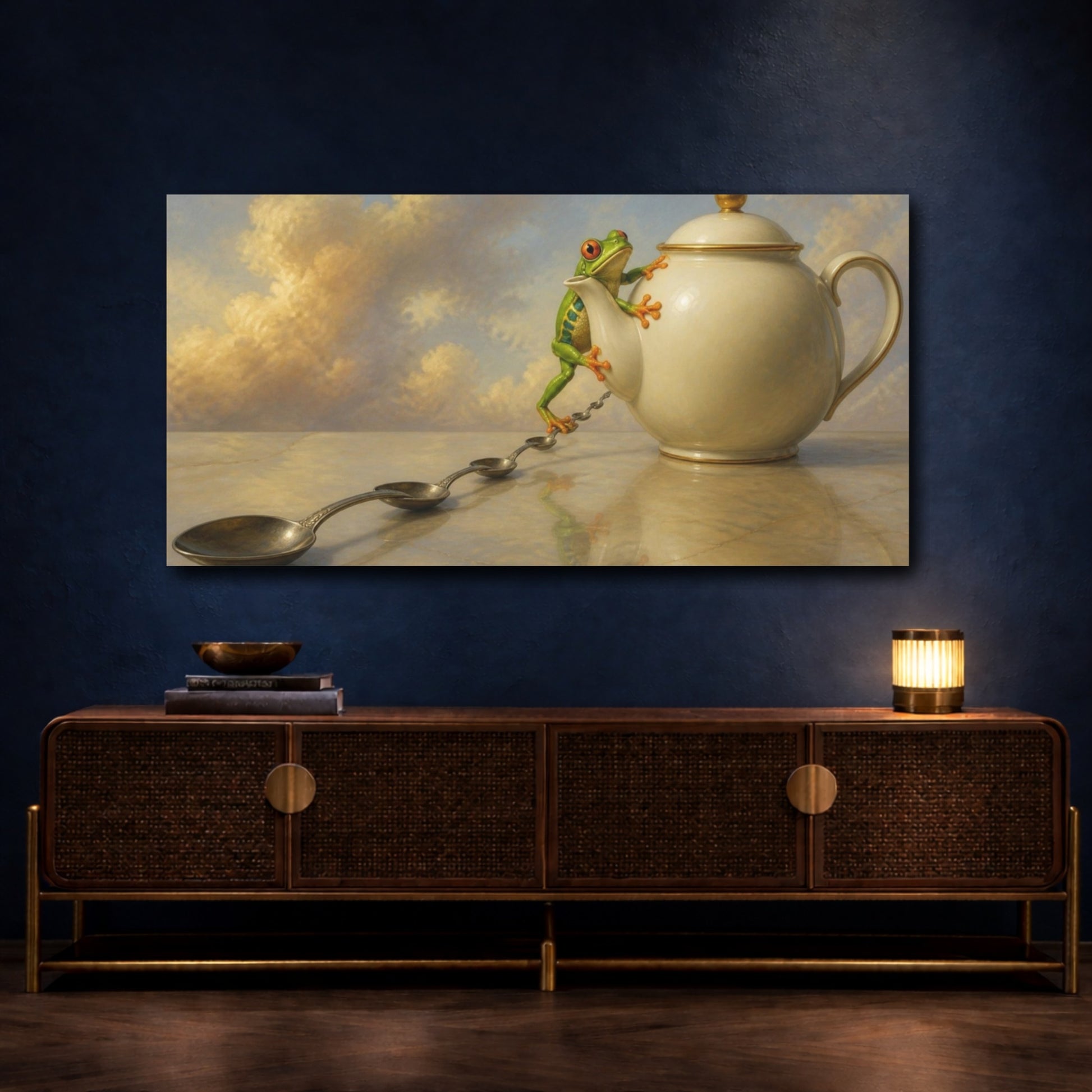 Mockup 4. Funny Tree Frog Teapot shown as canvas print