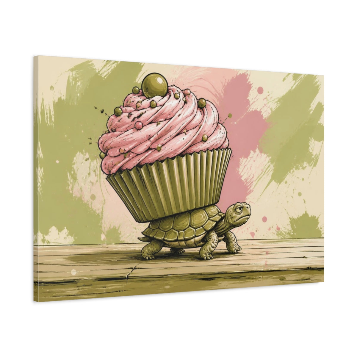 Main Mockup. Funny Turtle Cupcake shown as canvas print