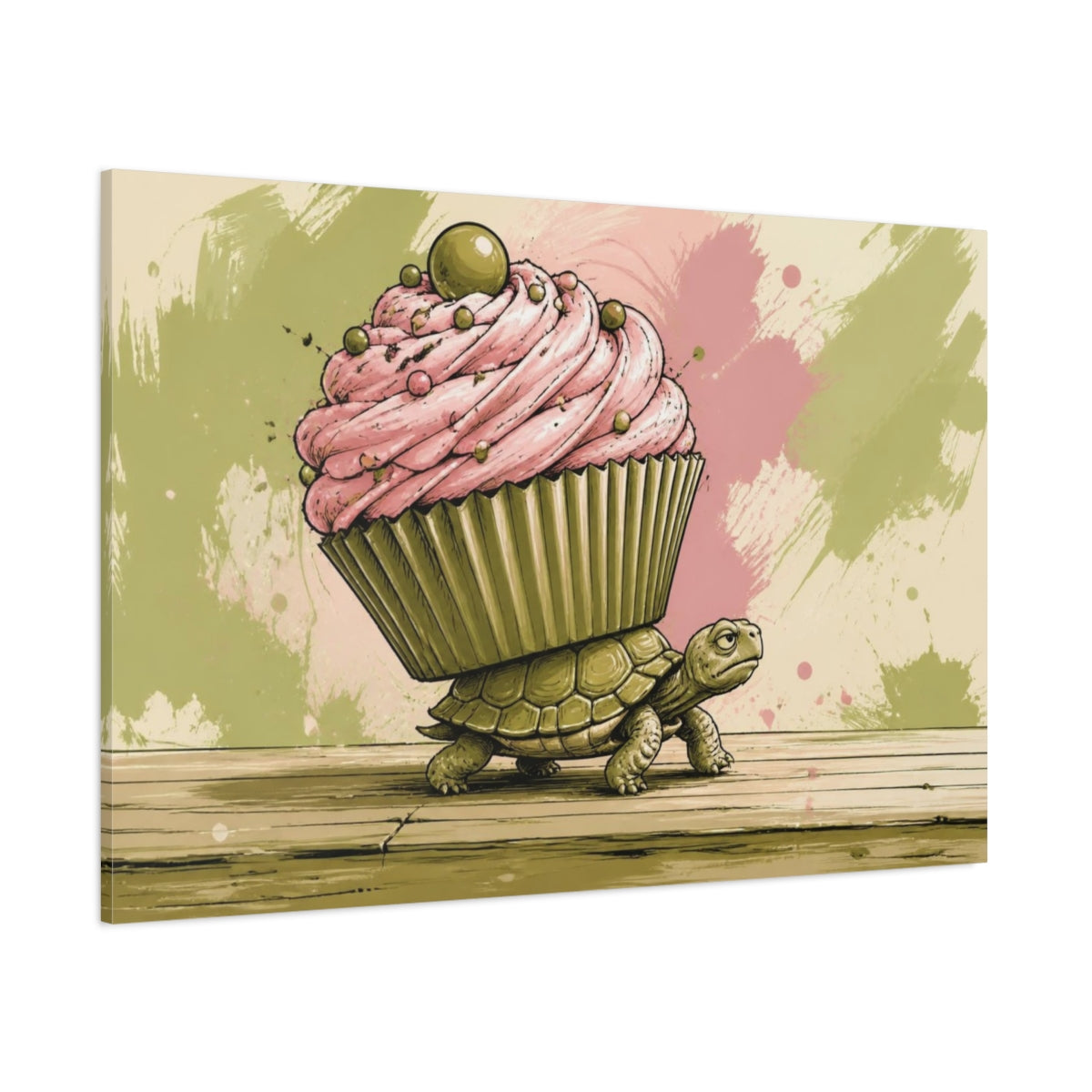 Side Mockup 1. Funny Turtle Cupcake shown as canvas print