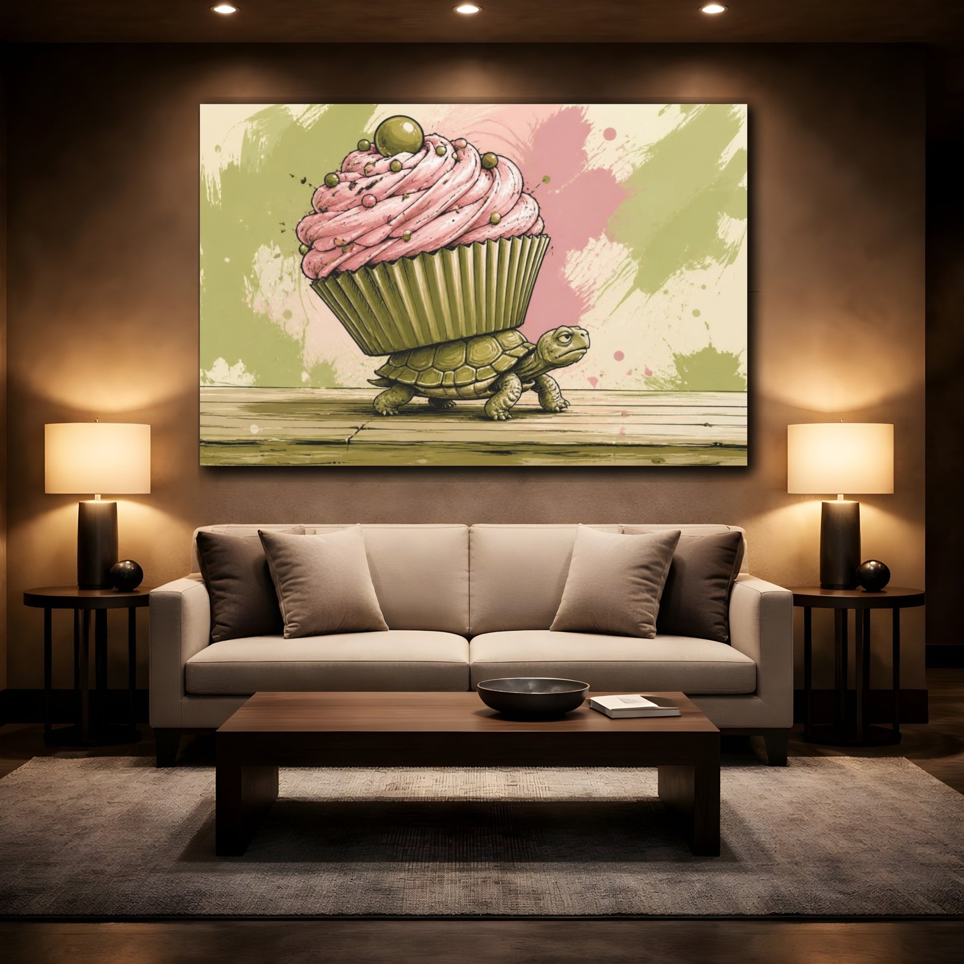 Mockup 2. Funny Turtle Cupcake shown as canvas print