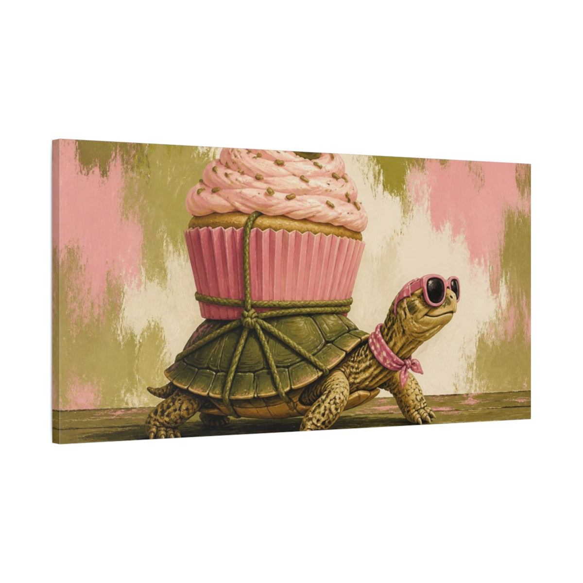 Main Mockup. Funny Turtle With Cupcake shown as canvas print