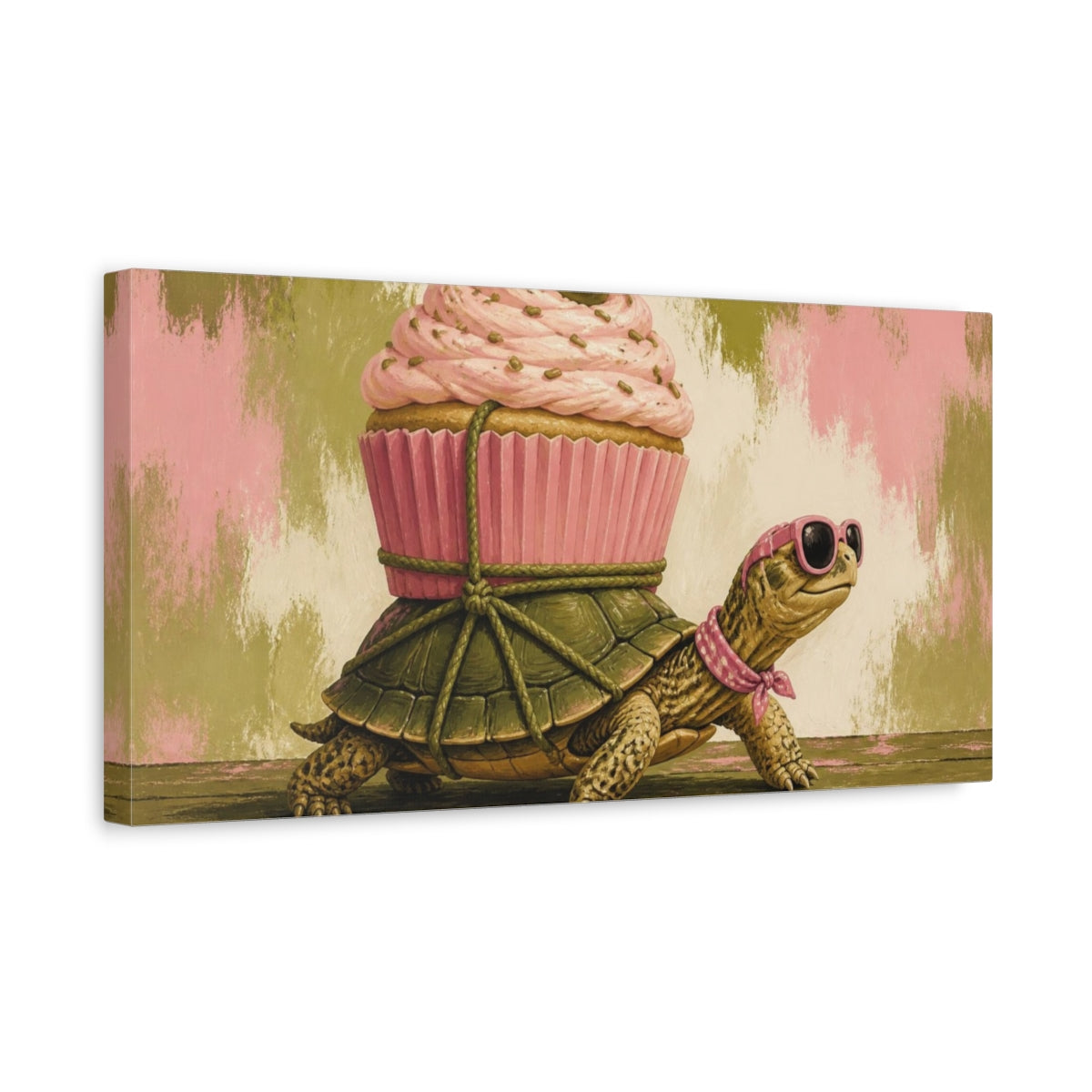 Side Mockup 3. Funny Turtle With Cupcake shown as canvas print