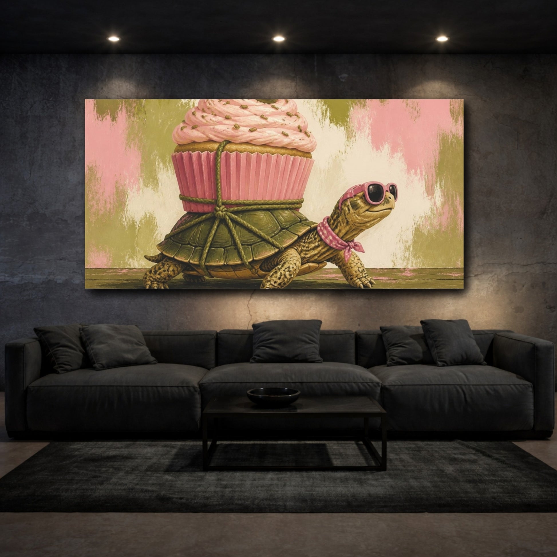 Mockup 3. Funny Turtle With Cupcake shown as canvas print