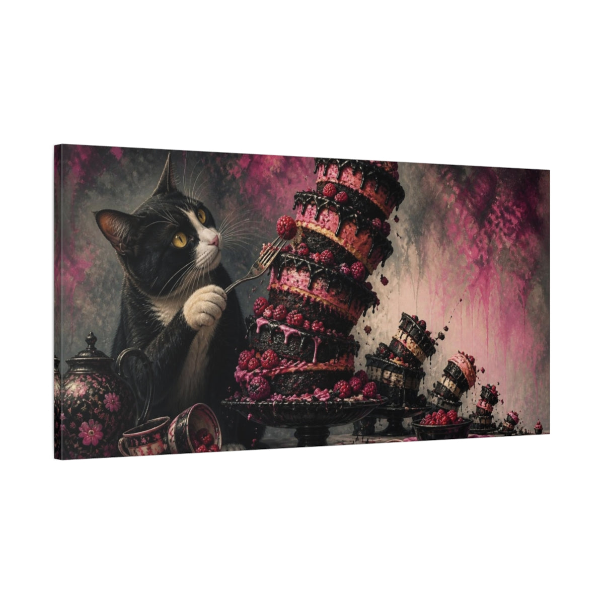 Main Mockup. Funny Tuxedo Cat Cake shown as canvas print