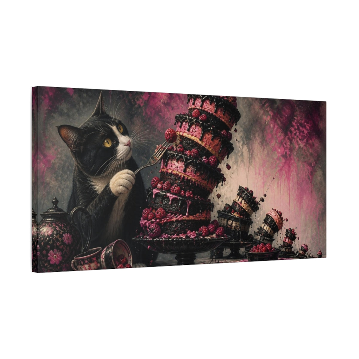 Side Mockup 1. Funny Tuxedo Cat Cake shown as canvas print
