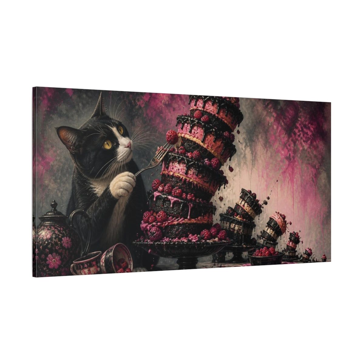 Side Mockup 2. Funny Tuxedo Cat Cake shown as canvas print