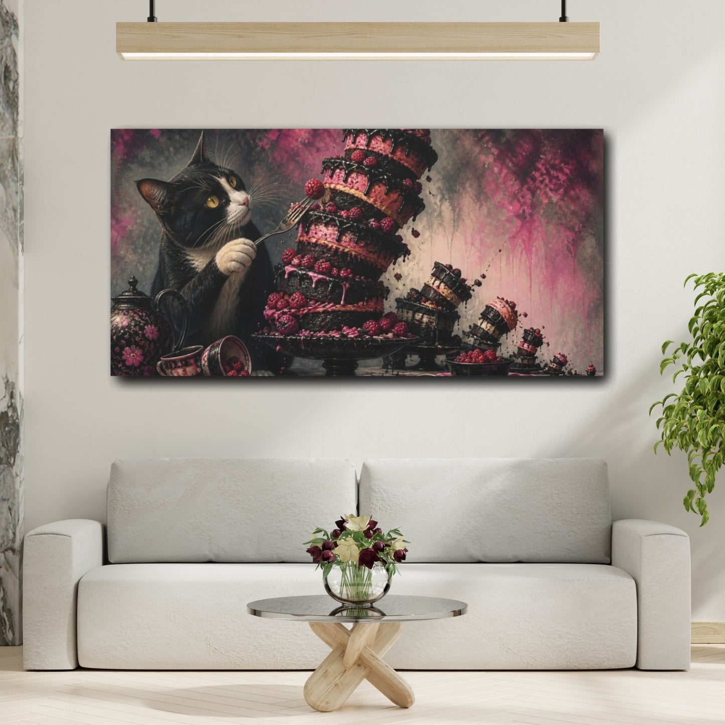 Mockup 2. Funny Tuxedo Cat Cake shown as canvas print