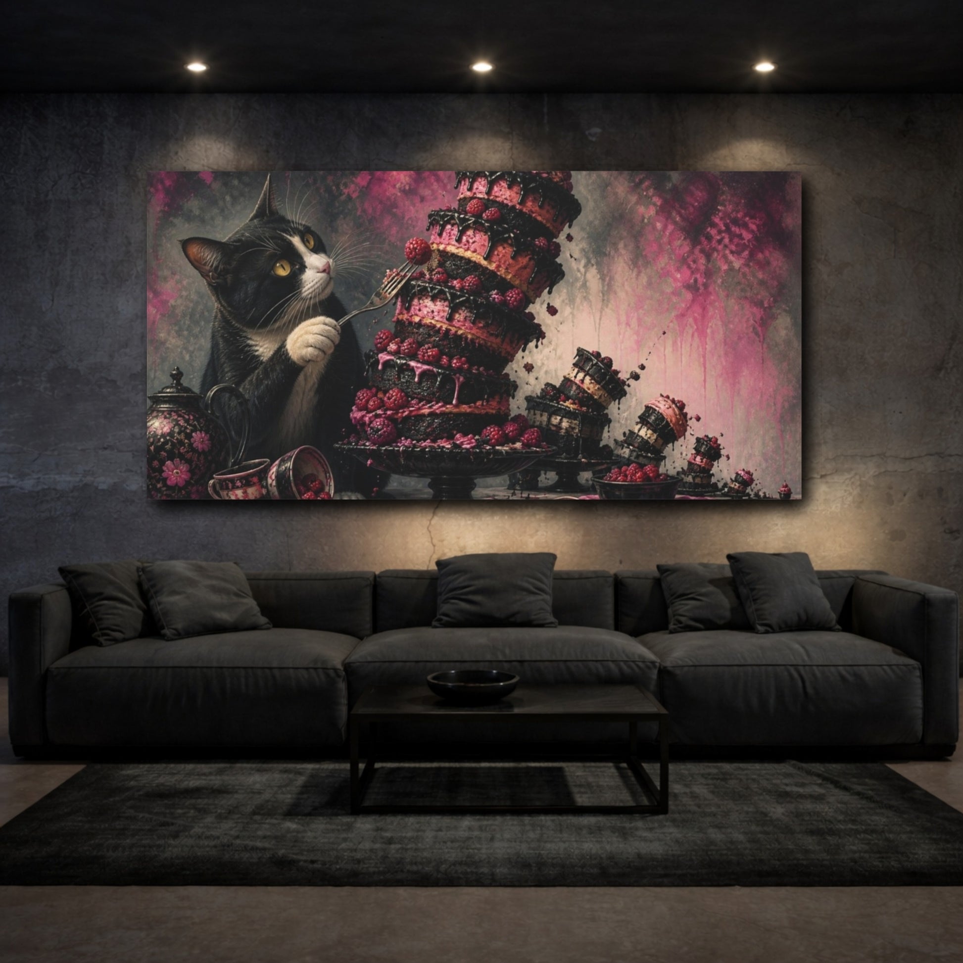 Mockup 3. Funny Tuxedo Cat Cake shown as canvas print