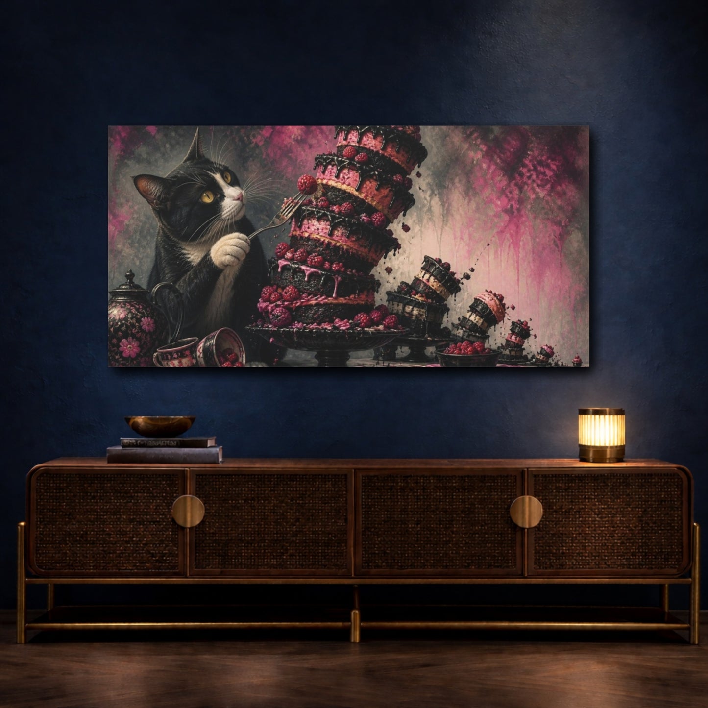 Mockup 4. Funny Tuxedo Cat Cake shown as canvas print