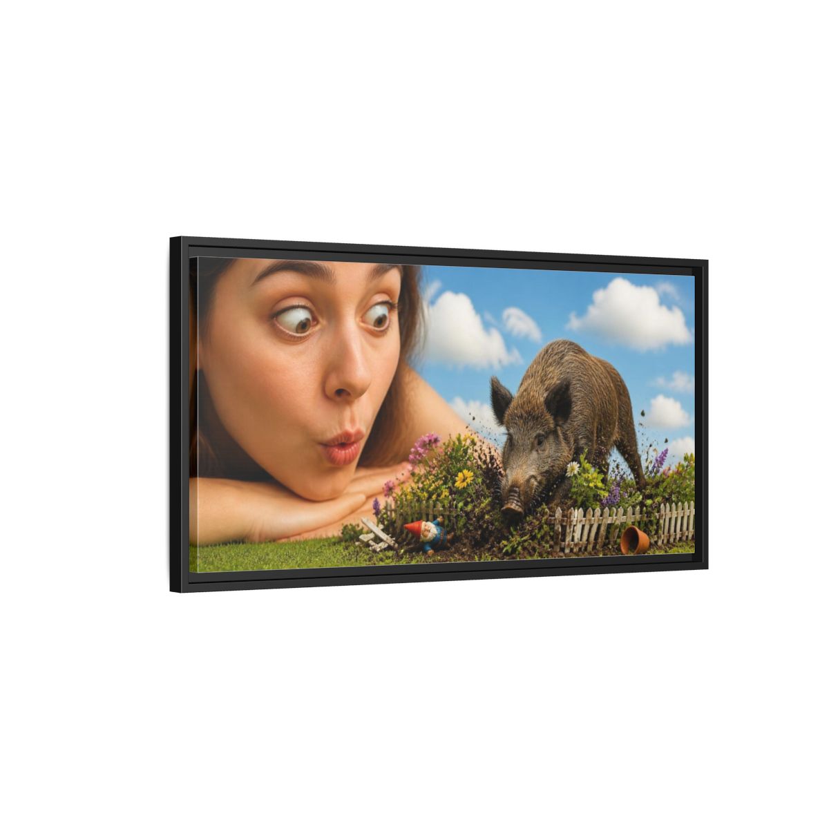 Side Mockup 2. Funny Wild Boar Garden Surprise shown as framed canvas print