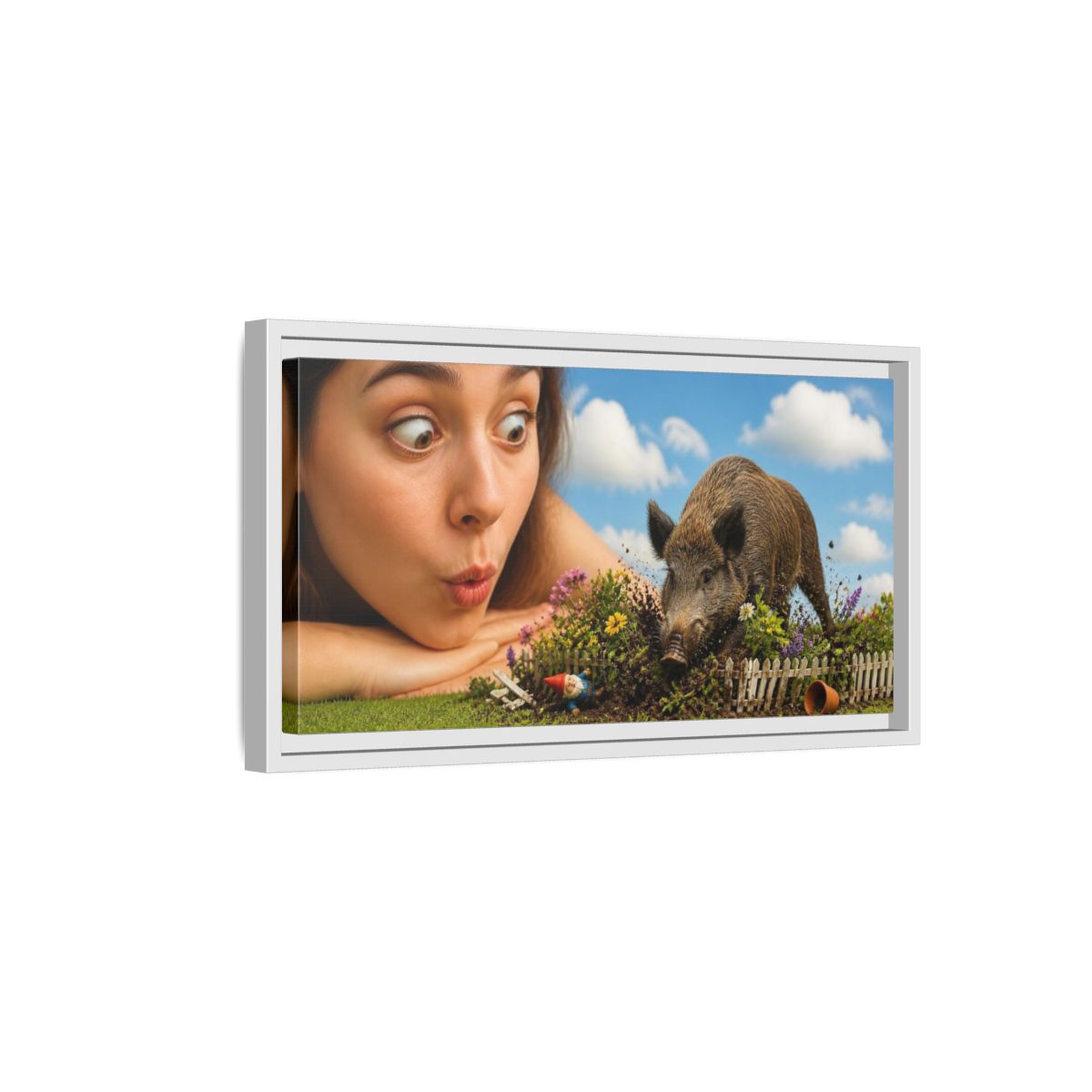 Side Mockup 6. Funny Wild Boar Garden Surprise shown as framed canvas print