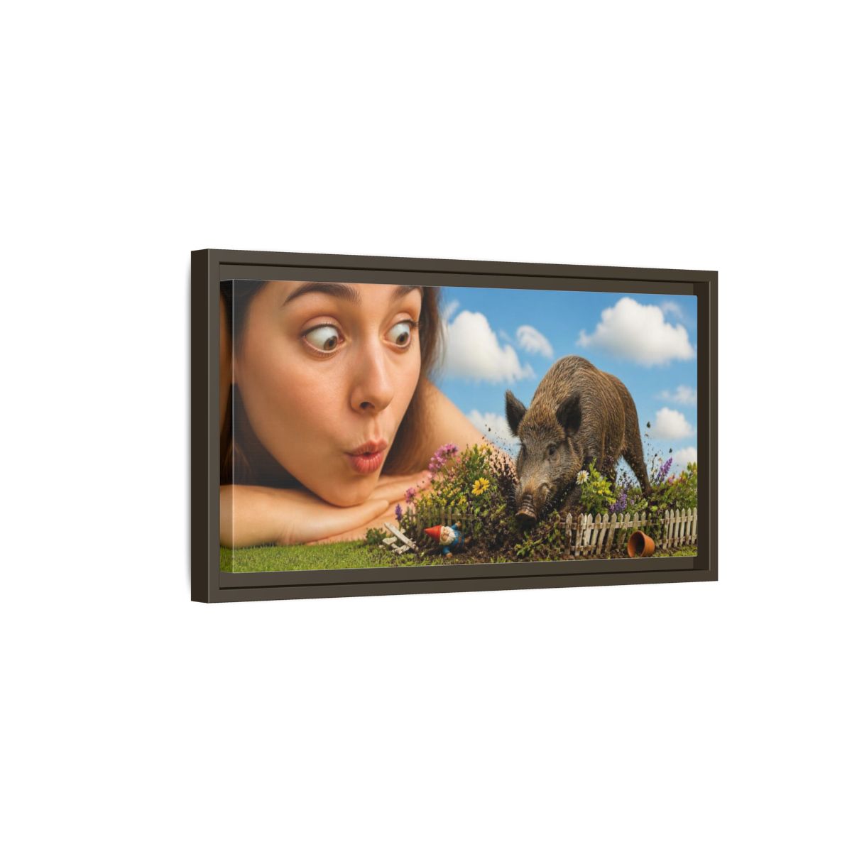 Side Mockup 7. Funny Wild Boar Garden Surprise shown as framed canvas print