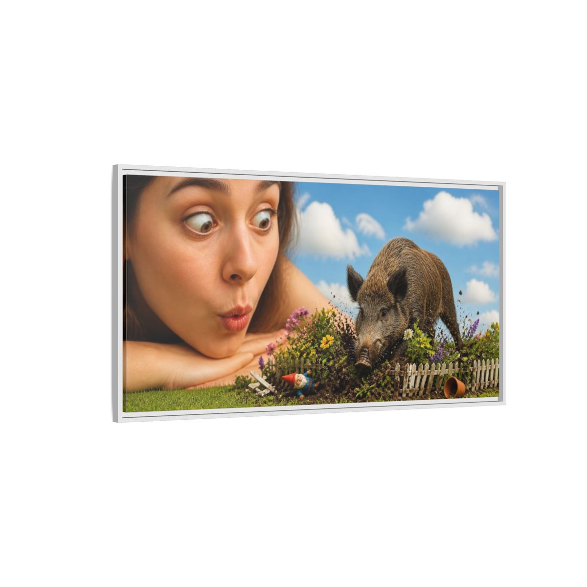 Side Mockup 3. Funny Wild Boar Garden Surprise shown as framed canvas print